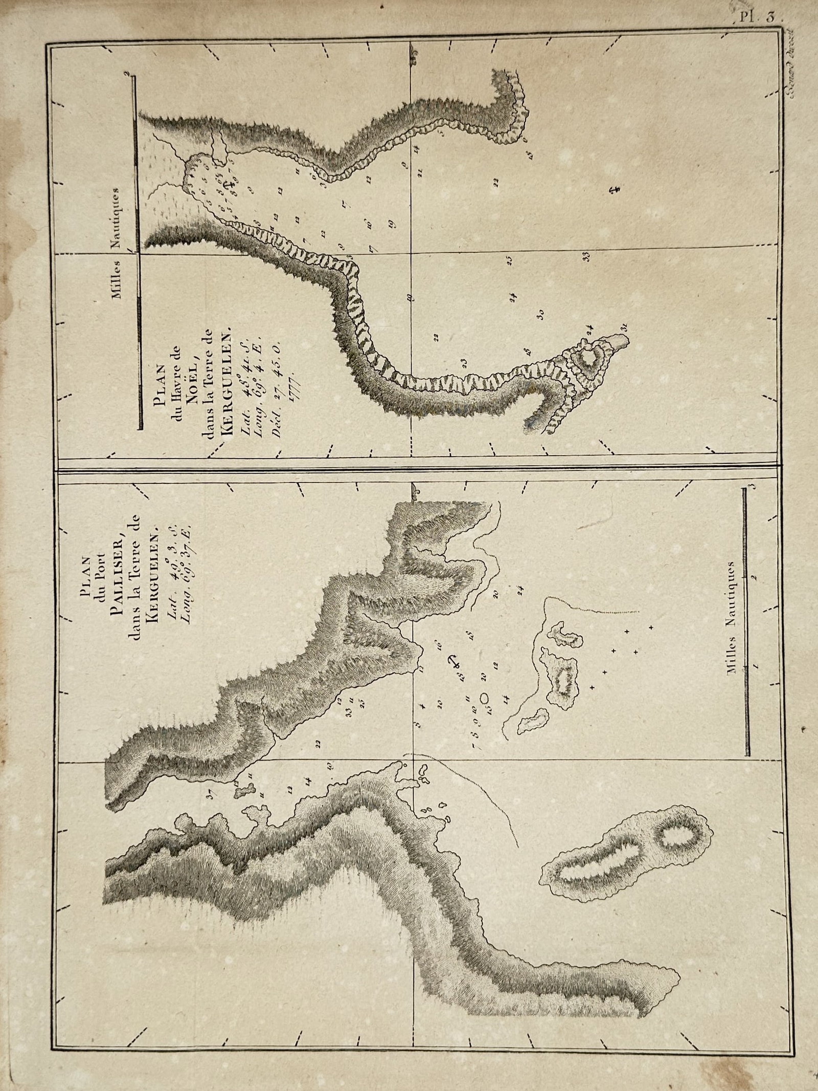 Captain James Cook – Nautical Plans of Port Palliser and Christmas Harbour (Kerguelen Islands): "Plan du Port Palliser" and "Plan du Havre de Noël" present two detailed hydrographic surveys of anchorages in the Kerguelen Islands, located in the southern Indian Ocean. The maps feature depth soun