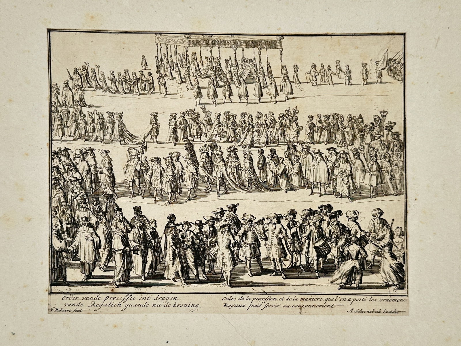 Adriaan Schoonebeek – Coronation Procession and Carrying of the Royal Ornaments – Etching: "Order vande processie ent dragen vande Regalien gaande na de koring" depicts a grand ceremonial procession organized in horizontal registers, showing the specific order and manner in which royal orna