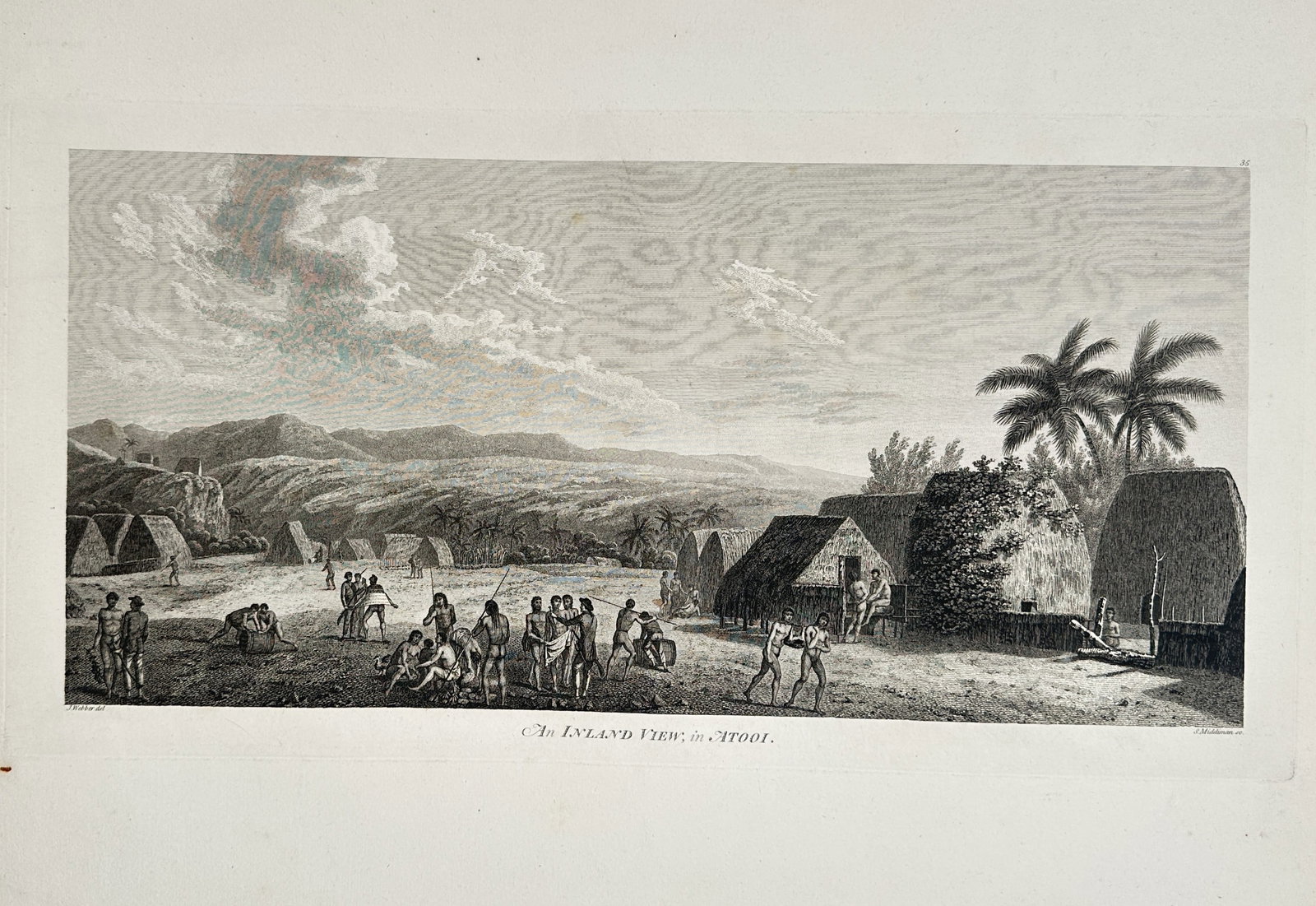 John Webber (1751–1793) – An Inland View in Atooi – Large Folio Engraving (1784): "An Inland View in Atooi" depicts a village scene on the island of Kauai (then known as Atooi) in the Hawaiian archipelago, featuring traditional thatched dwellings and figures engaged in daily activi