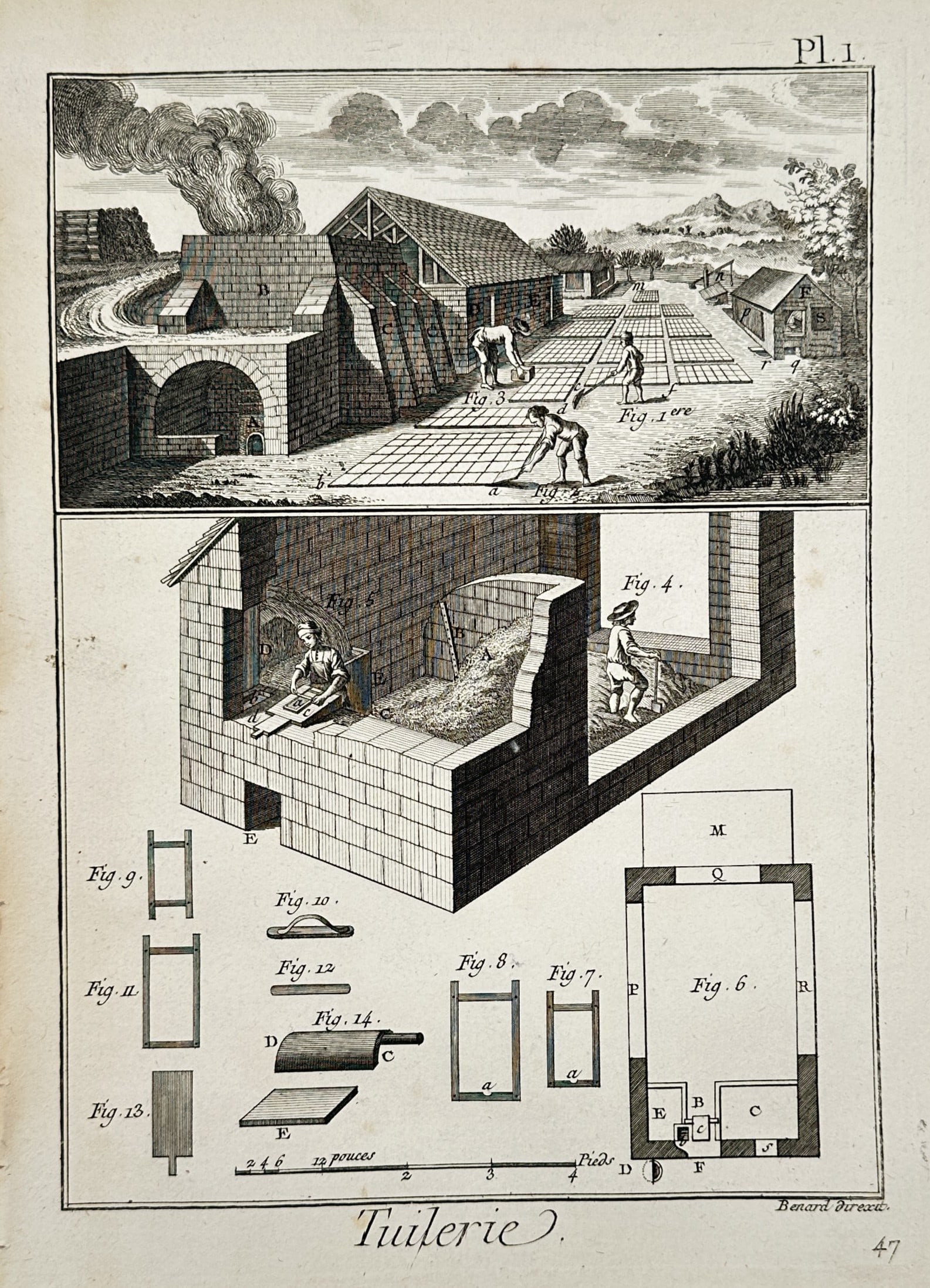Robert Benard (1734 – 1777) – Technical Illustration of a Tile Manufactory – Engraving (1763) (1 of 2)