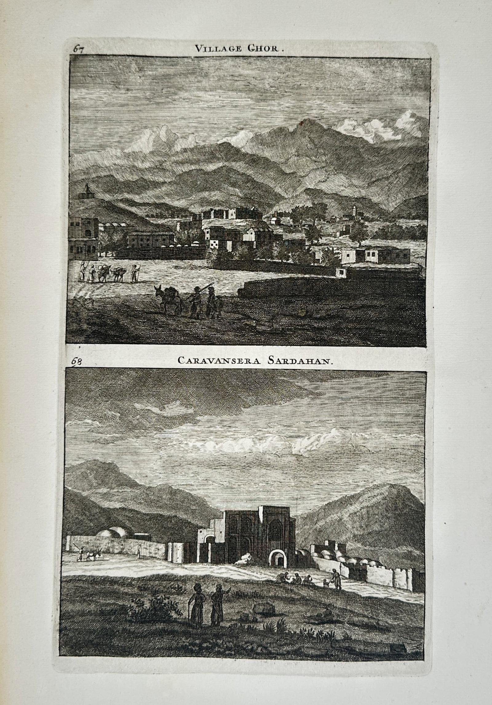 Cornelis de Bruijn (1652 – 1727) – Views of Village Chor and Caravansera Sardahan – Engraving: "Village Chor; Caravansera Sardahan" This engraving features two distinct topographical views from the Middle East, the upper portion showing a settlement nestled at the base of a rugged mountain rang