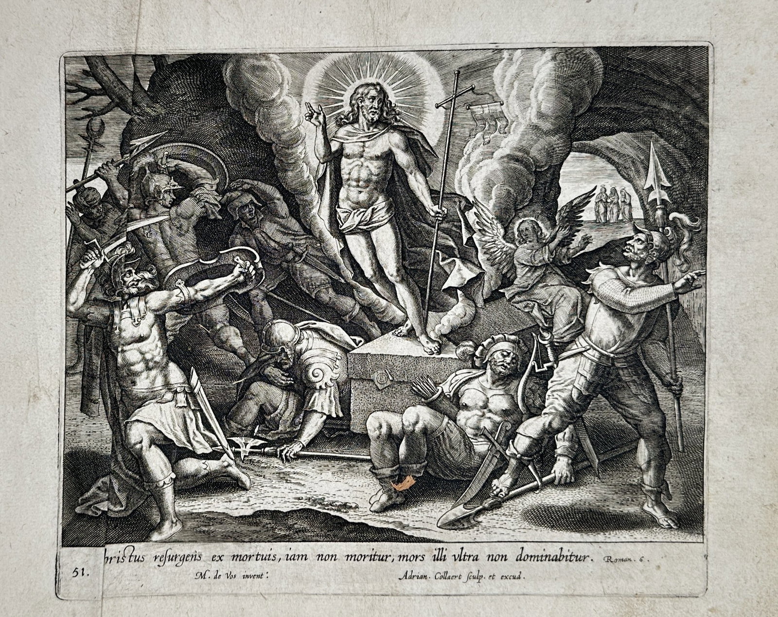 Marten de Vos (1532-1603) – View of the Resurrection of Christ – Engraving (1585): "Christus resurgens ex mortuis, iam non moritur, mors illi ultra non dominabitur" depicts the triumphant Resurrection of Christ, shown rising from the tomb with a radiant halo and holding a cruciform 