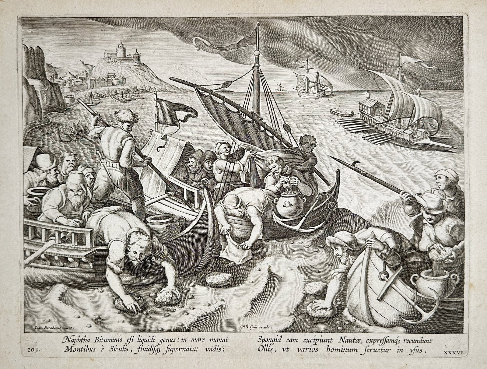 Johannes Stradanus (1523-1605) – View of Sailors Collecting Naphtha and Sponges – Engraving: "Naphtha Bituminis est liquidi genus: in mare manat" illustrates sailors in small vessels along a rugged coastline, engaged in the unusual task of collecting floating naphtha (bitumen) and sponges fro