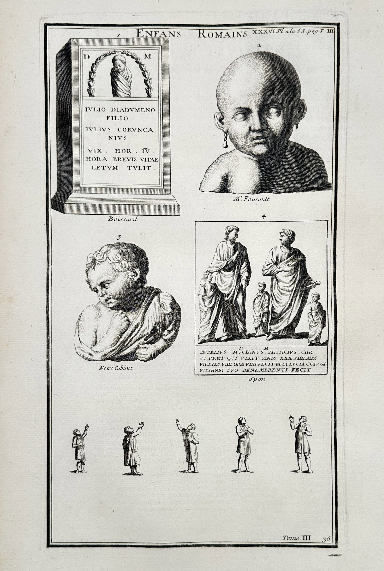 Bernard de Montfaucon (1655–1741) – View of Roman Children and Funeral Monuments – Engraving: "Enfans Romains" depicts various archaeological findings related to childhood in Ancient Rome, including portrait busts of infants, a funeral stele with a Latin inscription, and a relief showing a fam