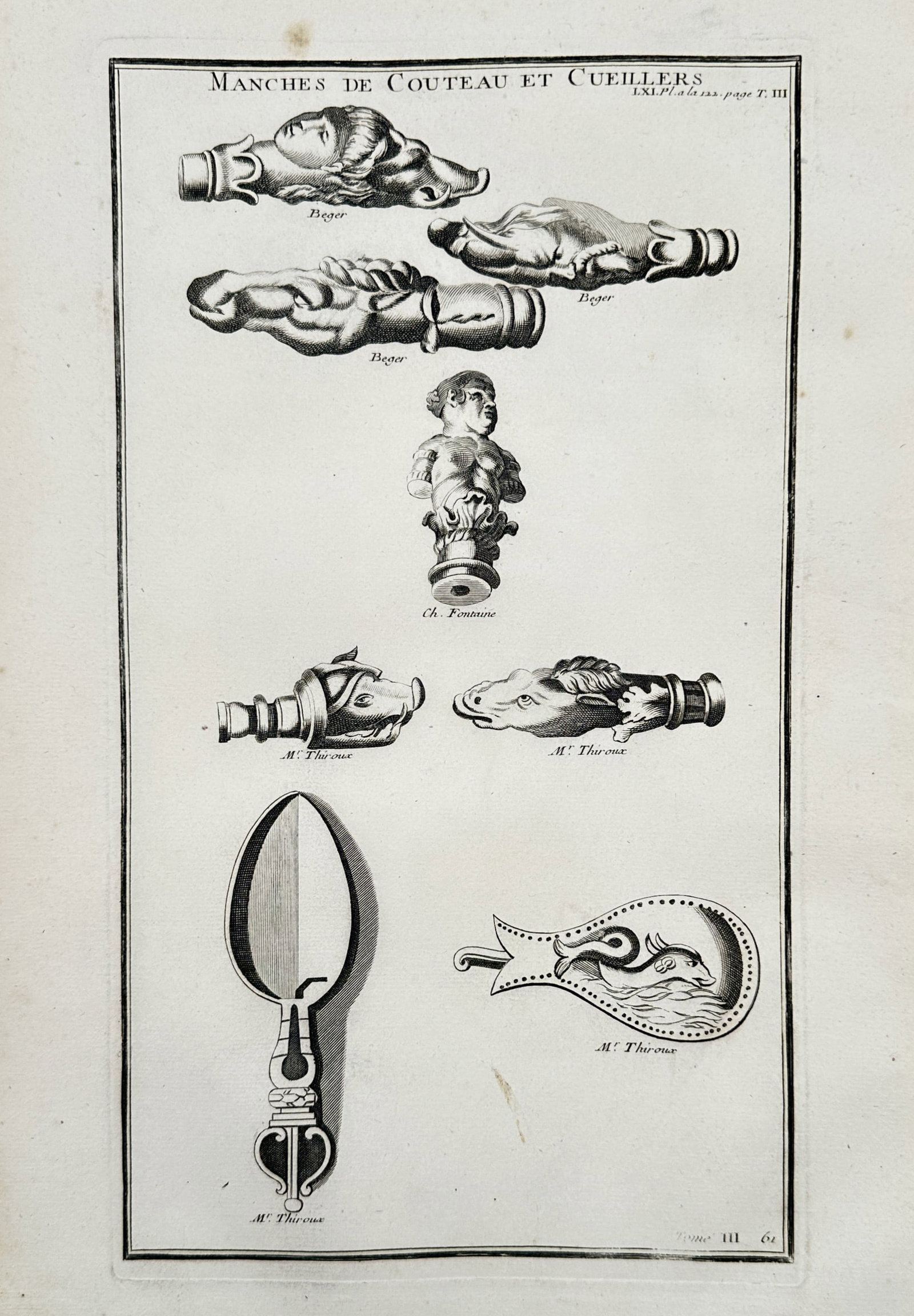 Bernard de Montfaucon (1655–1741) – View of Ancient Knife Handles and Spoons – Engraving: "Manches de Couteau et Cueillers" illustrates several archaeological examples of ancient Roman cutlery, featuring ornate knife handles carved into the shapes of human figures and animal heads, alongsi
