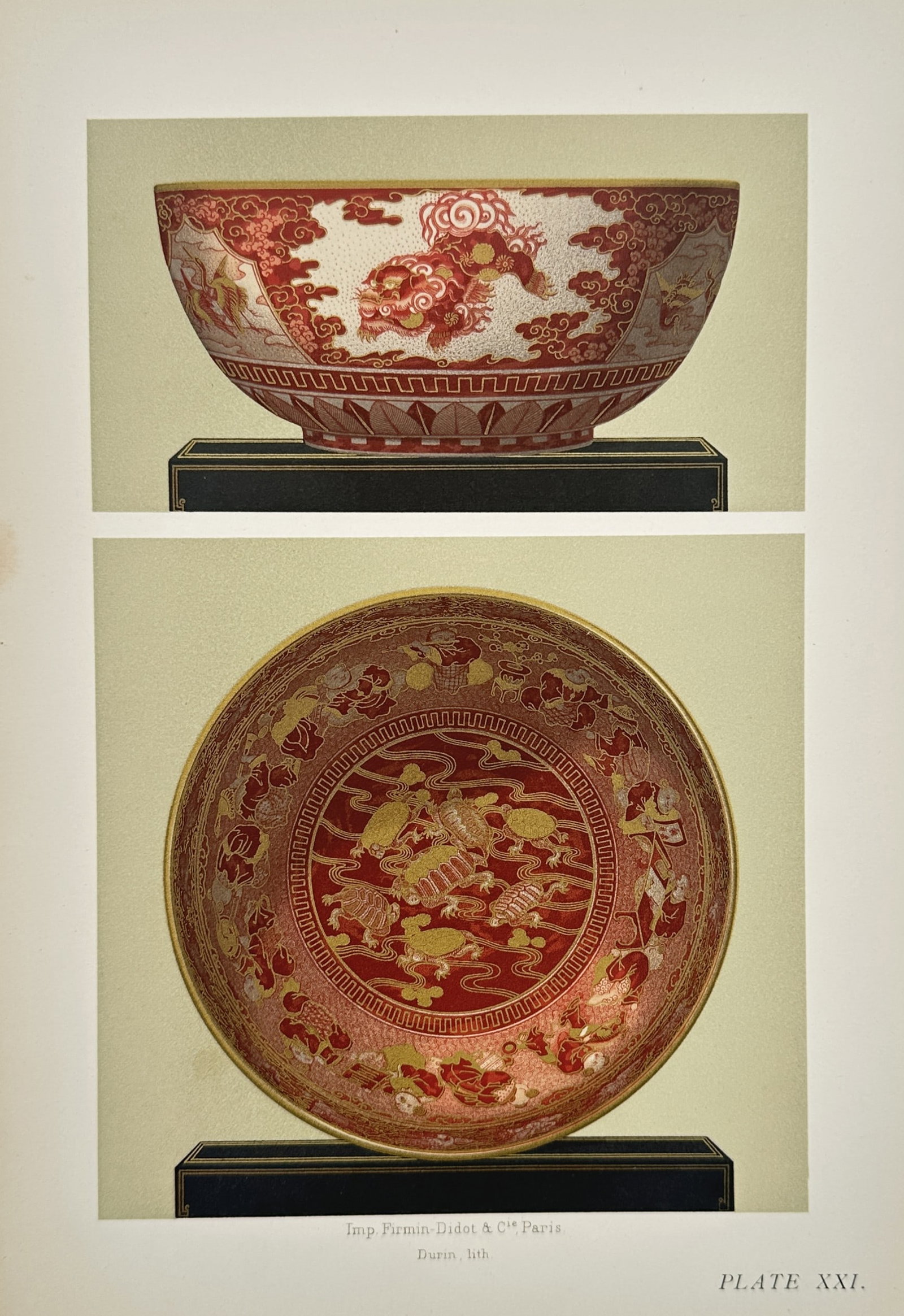 George Ashdown Audsley – View of a red and gold Japanese lacquer bowl – Lithograph (1896) (1 of 2)