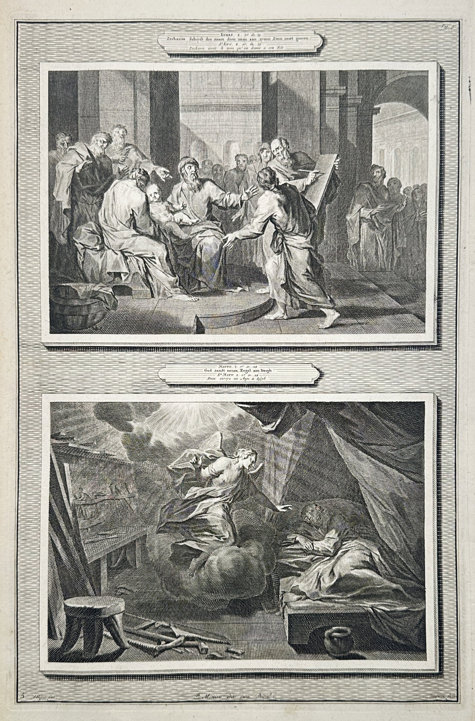 Otto Elliger – View of the Naming of Saint John the Baptist and an Angel – Etching (1720): "Lukas I. v. 63. 64." and "Matth. I. v. 20. 21." depict two significant biblical narratives from the New Testament, showing Zechariah writing the name of his son, John, on a tablet and an angel visiti