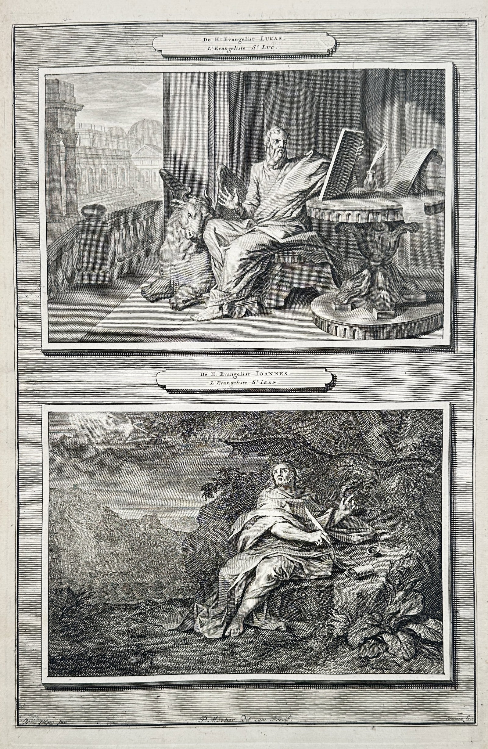 Otto Elliger – View of Saint Luke and Saint John the Evangelists – Etching (1720): "De H. Evangelist Lukas" and "De H. Evangelist Joannes" depict the final two evangelists with their traditional symbolic attributes, showing Saint Luke at a writing desk accompanied by an ox and Saint