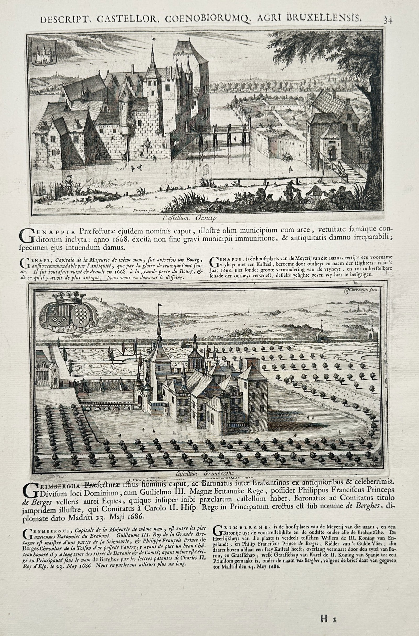 Antonius Sanderus (1586-1664) – View of the Castles of Genap and Grimberghe – Etching (1659): "Castellum Genap" and "Castellum Grimberghe" illustrate two significant fortified estates in the Brussels region, showing the architectural details of the manors, their moats, and surrounding grounds.