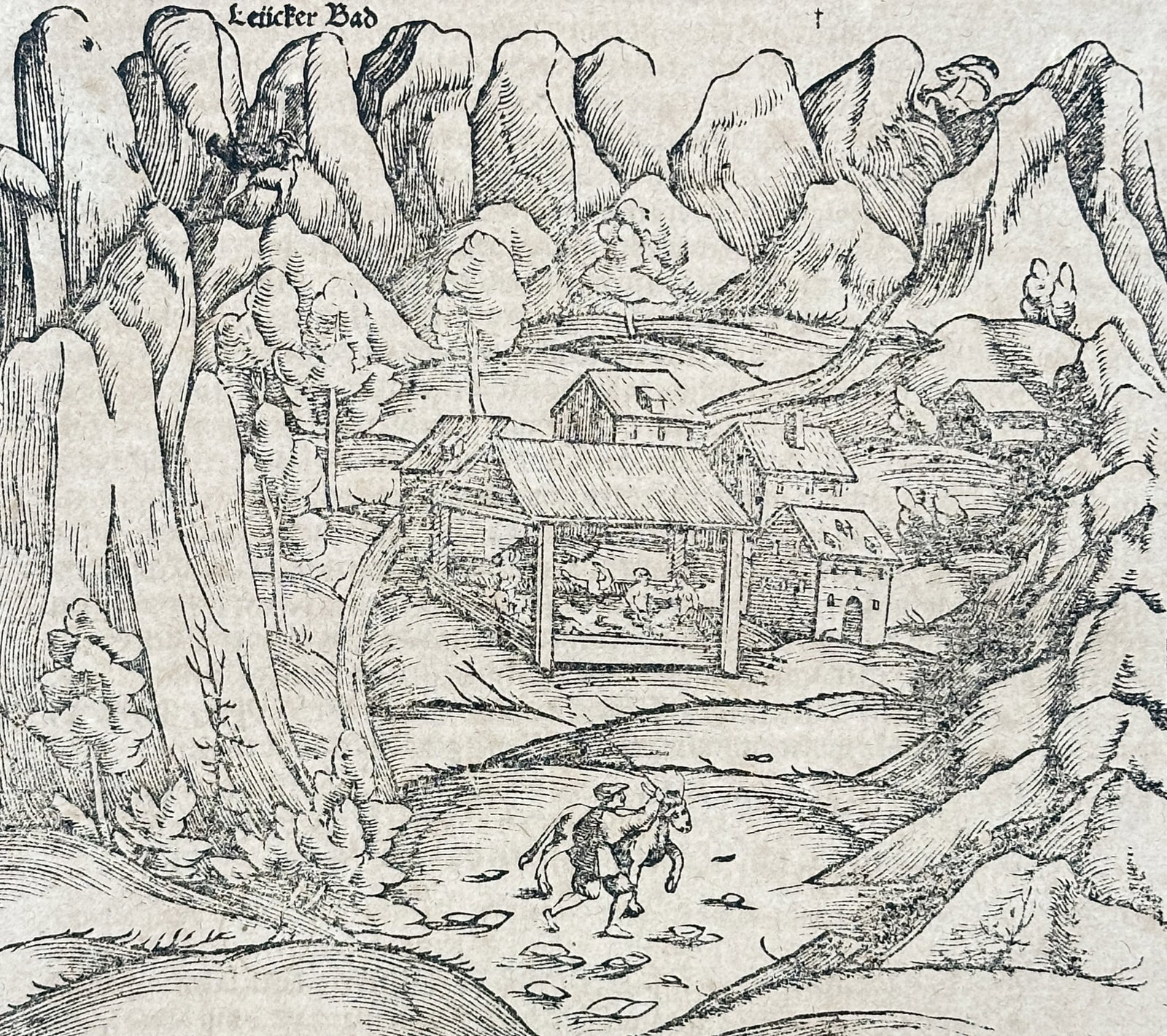 Sebastian Munster (1488-1552) – View of the Thermal Baths at Leukerbad – Woodcut (1550) (1 of 3)