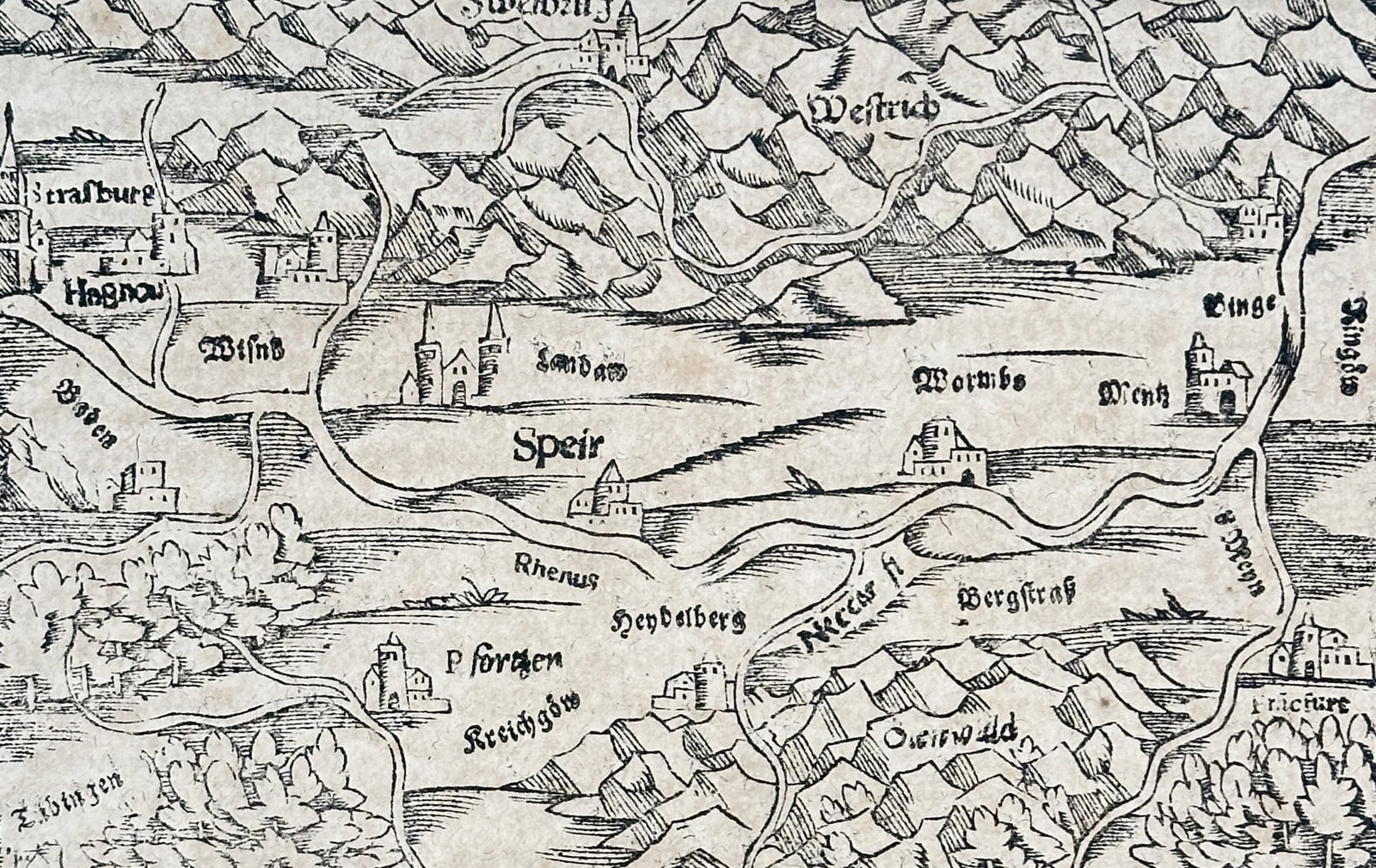 Sebastian Munster (1488-1552) – Map of the Rhine Region around Speyer – Woodcut (1550) (1 of 3)