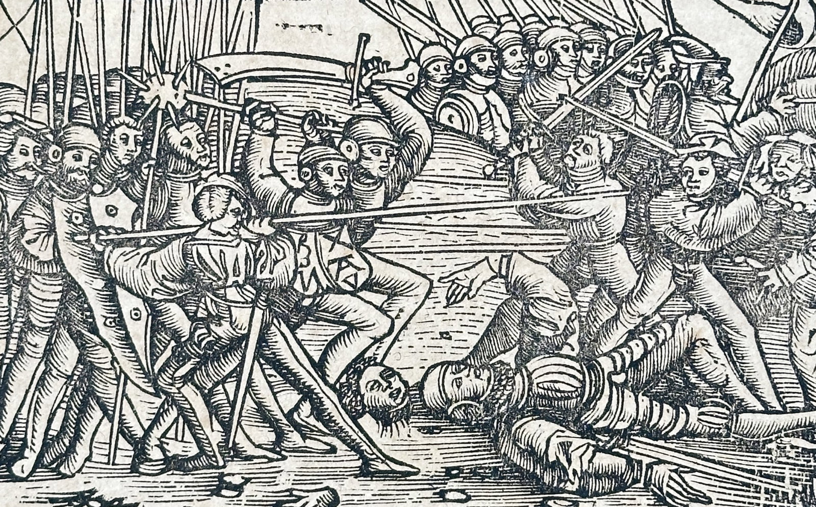 Sebastian Munster (1488-1552) – View of a Battle Scene involving Soldiers and Pikes – Woodcut (1 of 3)