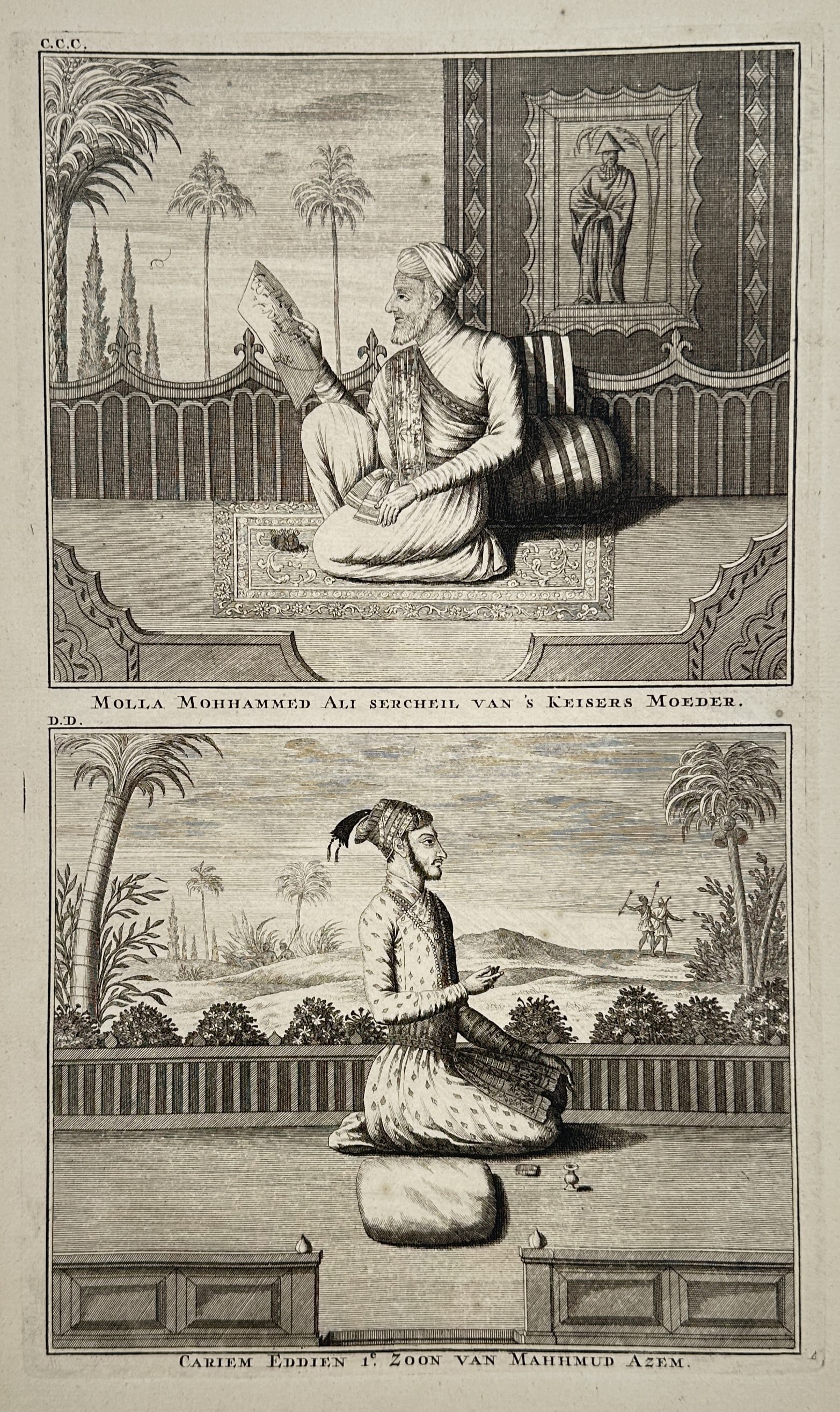 Francois Valentijn – Portraits of Molla Mohammed Ali and Cariem Eddien – Etching (1724-1726): "Molla Mohammed Ali" and "Cariem Eddien" presents two distinct scenes of notable figures from the Mughal era. The upper portion shows a seated figure reading a manuscript against a decorative backdrop
