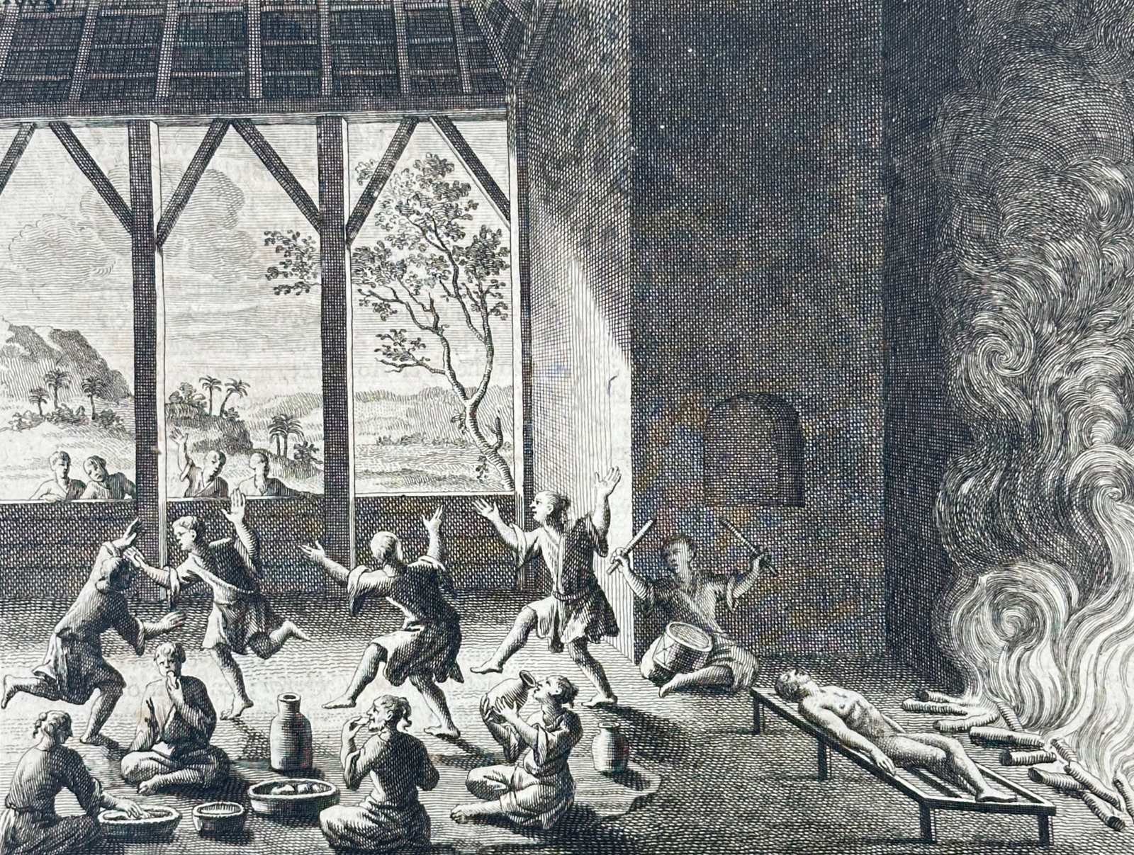 Francois Valentijn – View of a Ritual Scene in Tayouan, Formosa (Taiwan) – Etching (1724-1726): "Tayouan of Formosa" depicts a ritual or domestic scene among the indigenous people of Formosa (modern-day Taiwan), showing figures engaged in various activities under a large wooden structure, with a