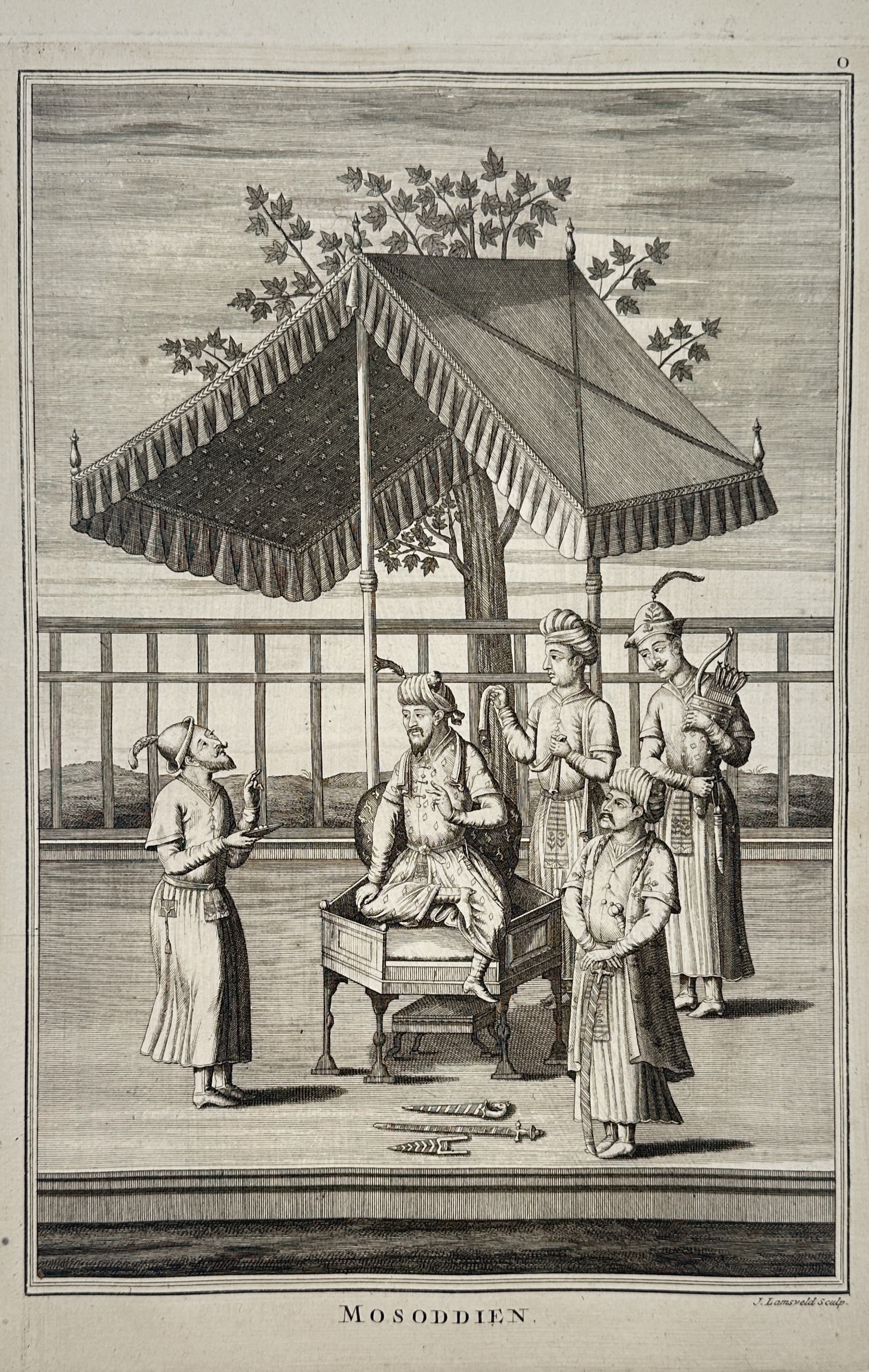 Francois Valentijn – Portrait of Mosoddien (Muiz-ud-Din Beg Khan) – Etching (1724-1726): "Mosoddien" depicts a Mughal noble or prince seated on an elevated throne under an ornate canopy on a terrace. He is attended by several courtiers, including one presenting an object and another stand