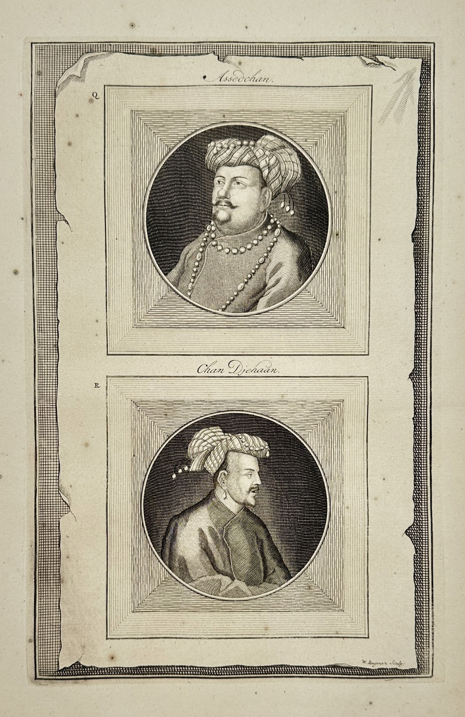 Francois Valentijn – Portraits of Assedchan and Chan Djehaan – Etching (1724-1726): "Assedchan" and "Chan Djehaan" presents two oval-framed portraits of prominent Mughal figures dressed in traditional courtly attire with turbans and jewelry, set against a trompe l'oeil background of