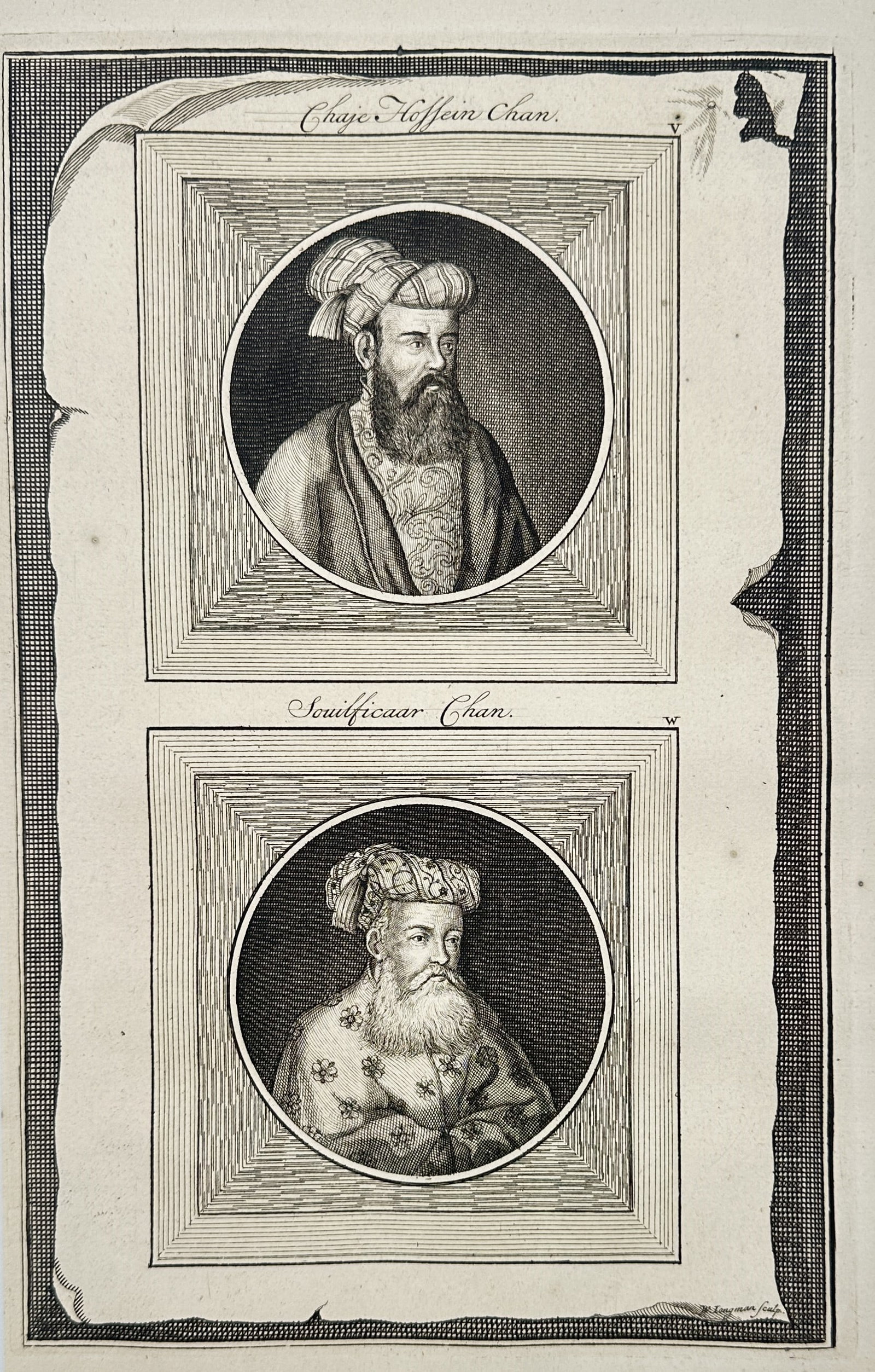 Francois Valentijn – Portraits of Chaje Hossein Chan and Soulficaar Chan – Etching (1724-1726): "Chaje Hossein Chan" and "Soulficaar Chan" presents two oval-framed portraits of prominent Mughal figures, both depicted with full beards and traditional courtly headwear, set against a trompe l'oeil