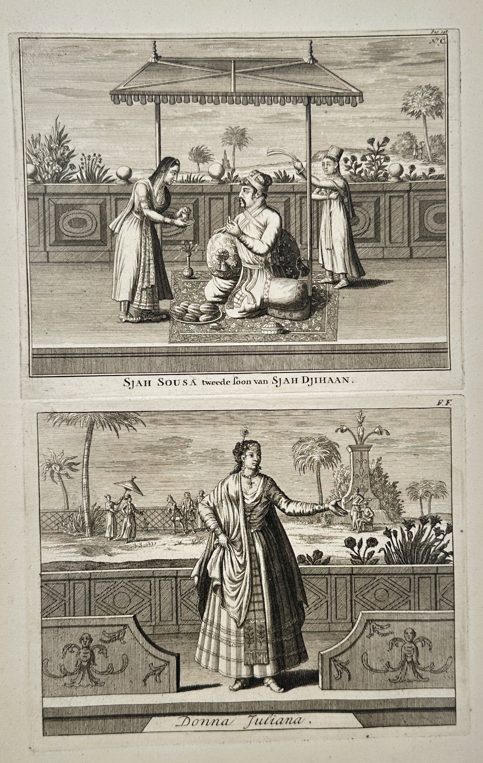 Francois Valentijn – Portraits of Sjah Sousa and Donna Juliana – Etching (1724-1726): "Sjah Sousa" and "Donna Juliana" presents two distinct scenes from the Mughal court. The upper scene depicts Shah Shuja (the second son of Shah Jahan) seated under a canopy on a terrace, attended by s