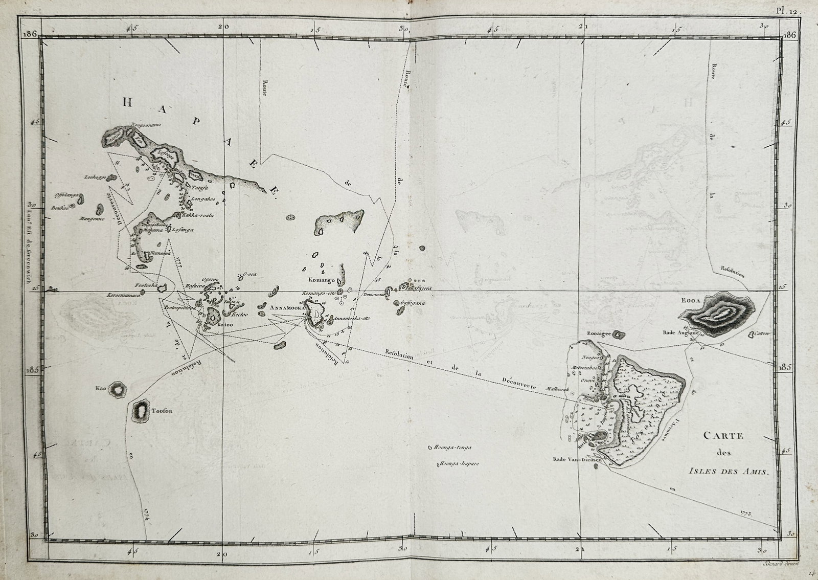 Captain James Cook – Map of the Friendly Islands – Tonga – Etching (c. 1784–1785): "Carte des Isles des Amis" provides a comprehensive hydrographic chart of the Tongan archipelago, famously named the Friendly Islands by James Cook. The map details the tracks of the HMS Resolution an