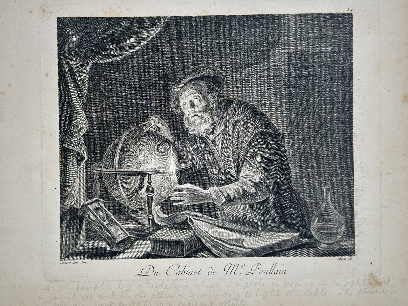 François Gérard (1770–1837) – A Philosopher in His Study – Engraving (c. 1781): "Du Cabinet de Mr. Poullain" depicts an elderly philosopher or scholar working at night by the illumination of a single candle. The scene features a variety of scientific and memento mori objects, inc