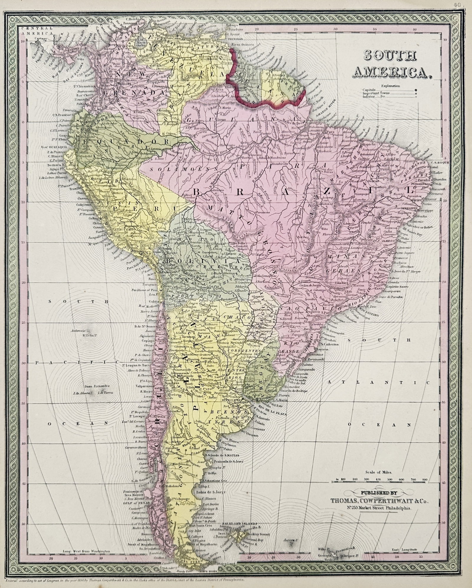 Thomas Cowperthwait (1790–1858) – Map of South America – South America: "South America" presents a detailed political and geographical map of the continent as it was configured in the mid-nineteenth century. The work features original hand-colouring to delineate the borde