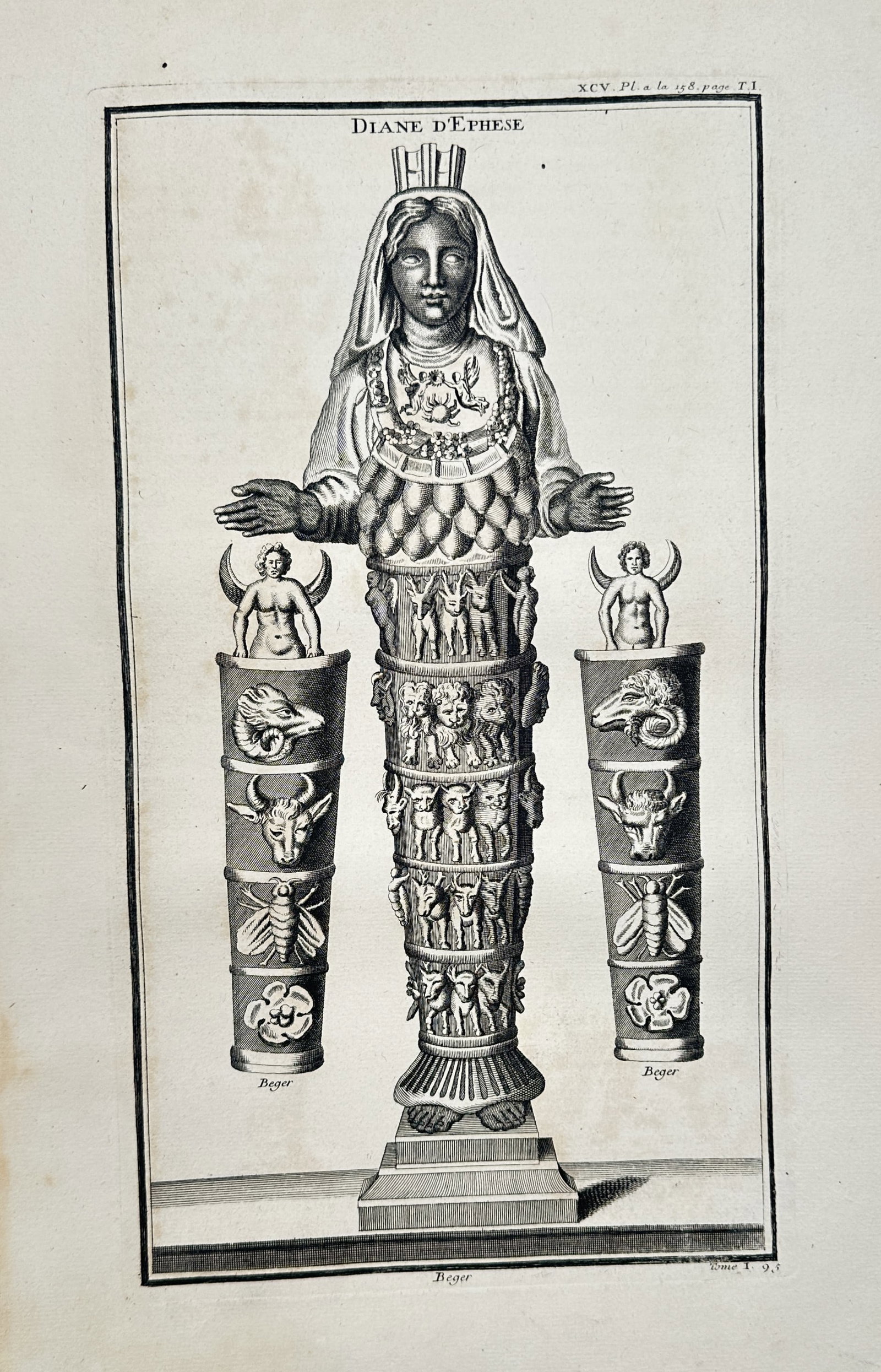 Bernard de Montfaucon (1655–1741) – Study of Diana of Ephesus – Engraving (1719): "Diane d'Ephese" depicts the cult statue of Artemis of Ephesus, shown with her characteristic multi-breasted torso and a sheath-like body decorated with tiers of animals, including lions, bulls, and g
