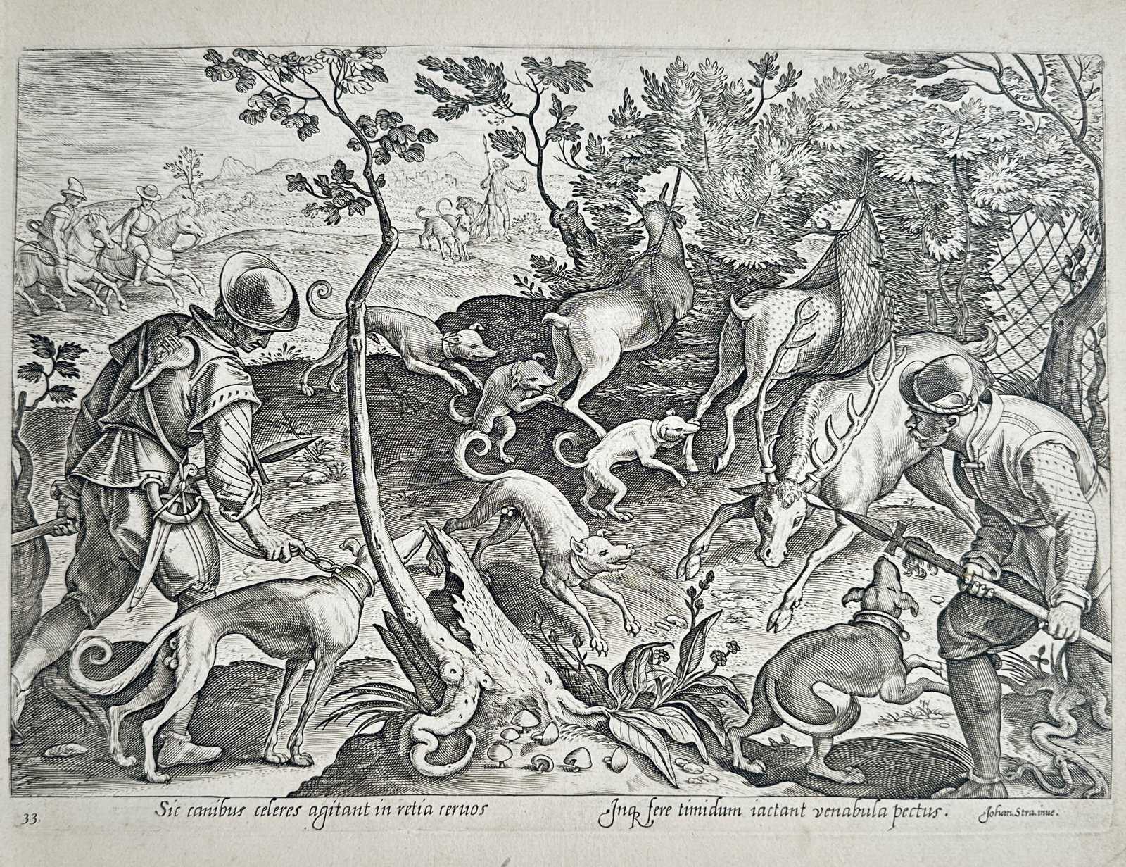 Johannes Stradanus (1523–1605) – View of a Stag Hunt with Nets and Spears – Engraving: "Sic canibus celeres agitant in retia ceruos, Inq. fere timidum iactant venabula pectus." This work depicts a coordinated stag hunt where swift hounds drive deer into large, sturdy nets (retia) suspen