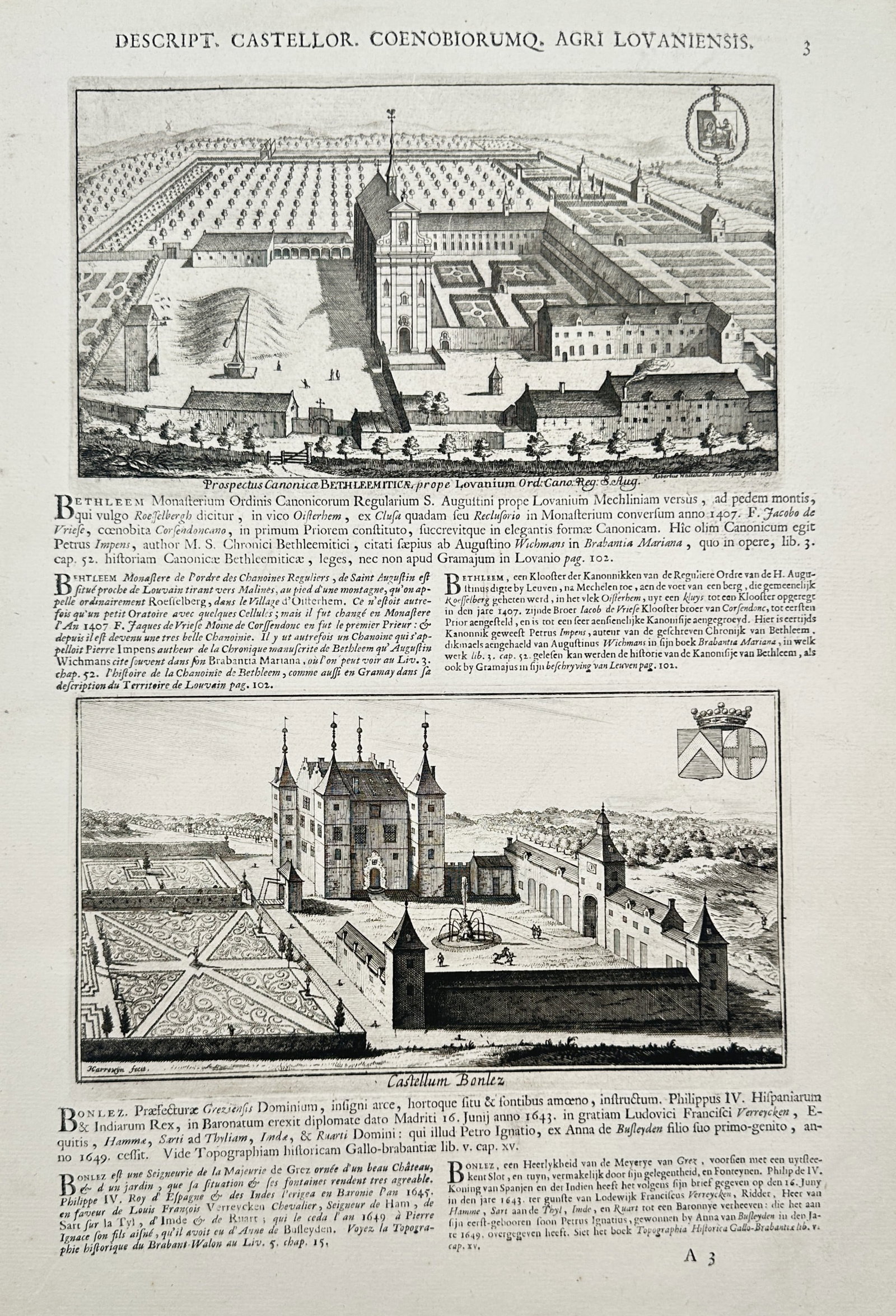 Jacob Le Roy – View of Bethlehem Monastery and Bonlez Castle – Copper Engraving (1694–1700): "Prospectus Canonicae Bethleemiticae prope Lovanium Ord. Can. Reg. S. Aug. Castellum Bonlez." This work features two birds-eye views of significant estates in the Leuven region. The upper illustration