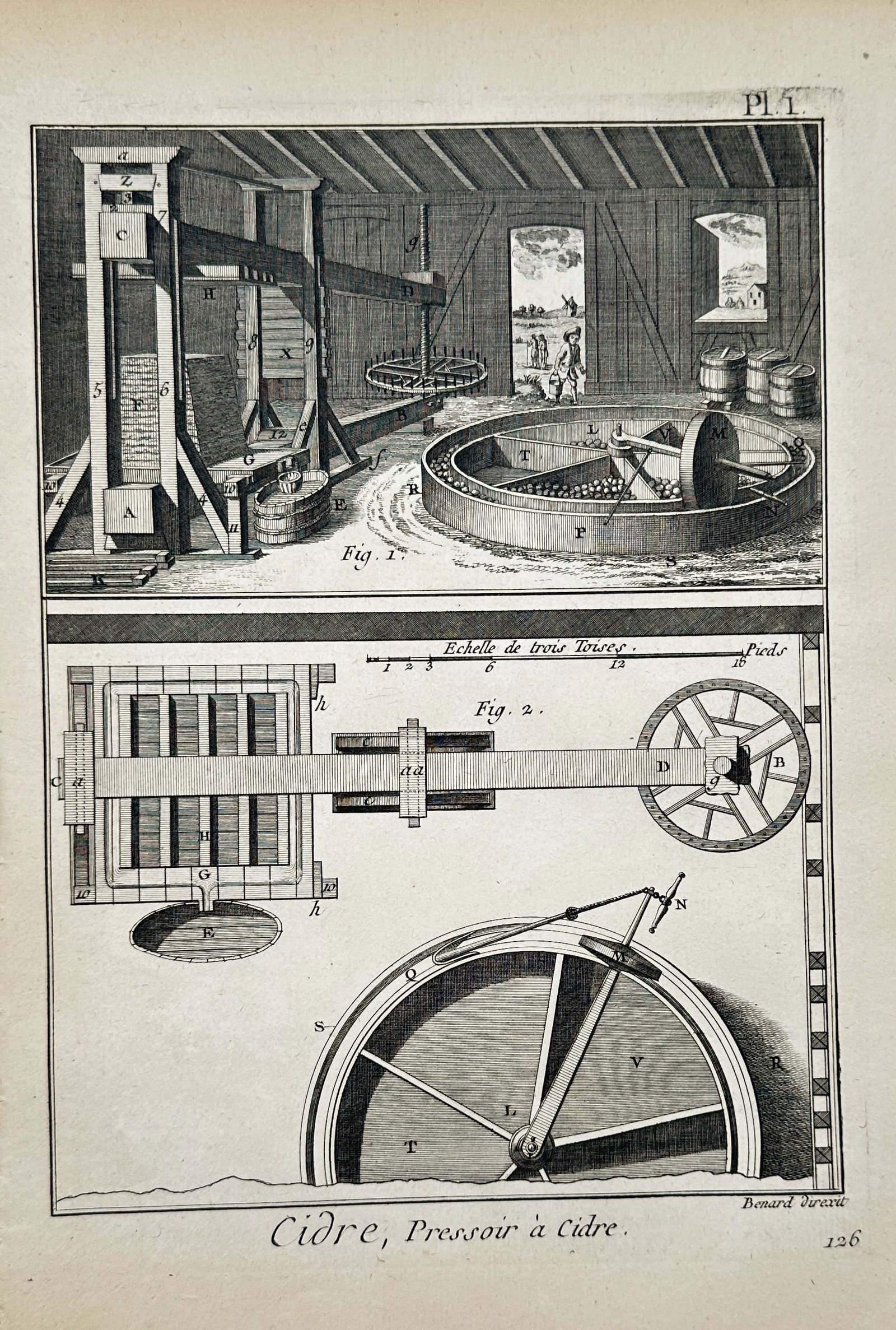 Robert Benard (1734-1777) – View of a Cider Mill and Press – Engraving (1763): Cidre, Pressoir a Cidre illustrates the mechanical process of eighteenth-century cider production, featuring a top register with an interior view of a mill house where apples are crushed in a circular