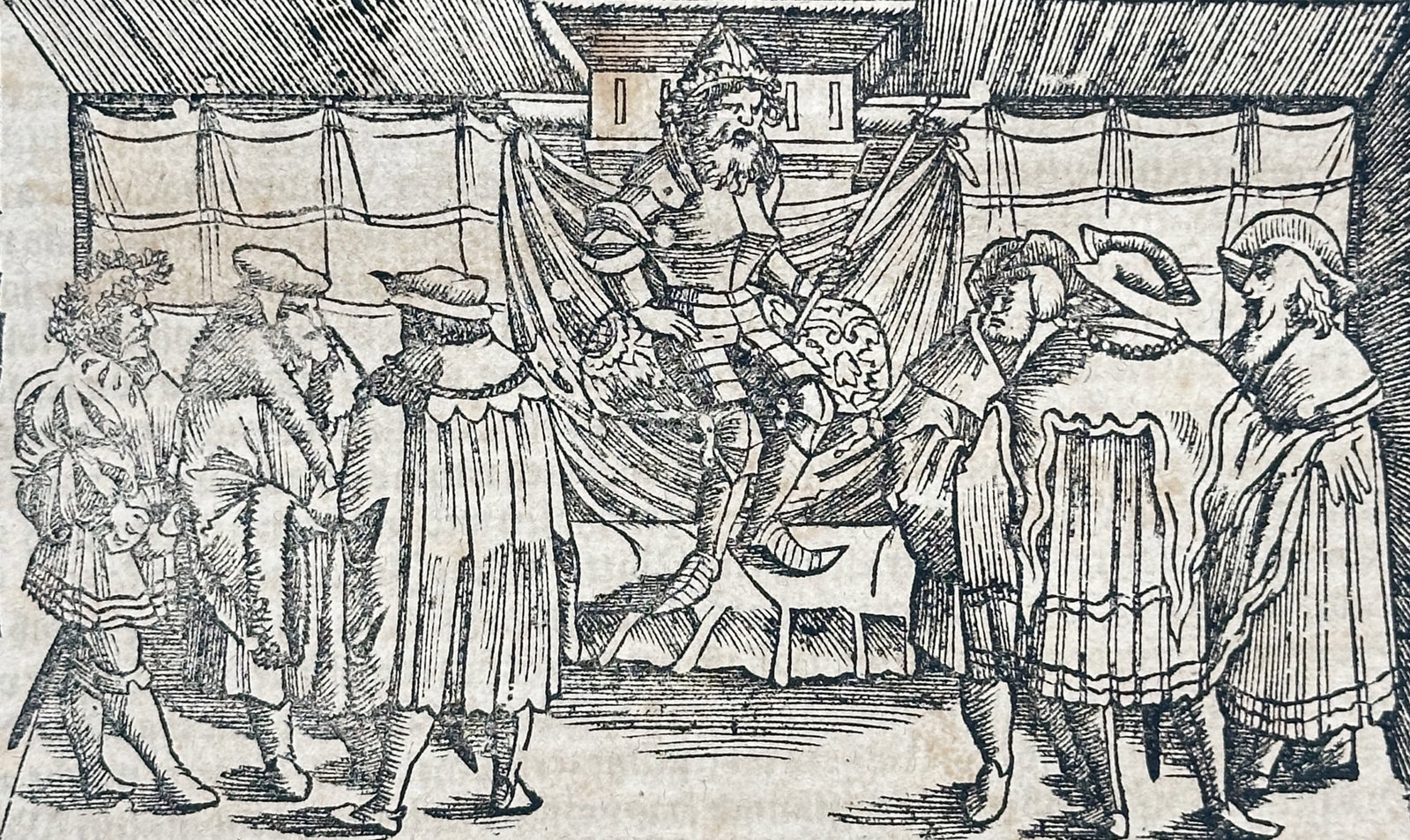 Sebastian Münster – King Ottokar II of Bohemia Before Emperor Rudolf I – Woodcut (1550): "Von dem Teutschen Landt; Othocarus" This woodcut illustrates the historical submission of King Ottokar II of Bohemia to Emperor Rudolf I of Habsburg following their territorial disputes. The scene is