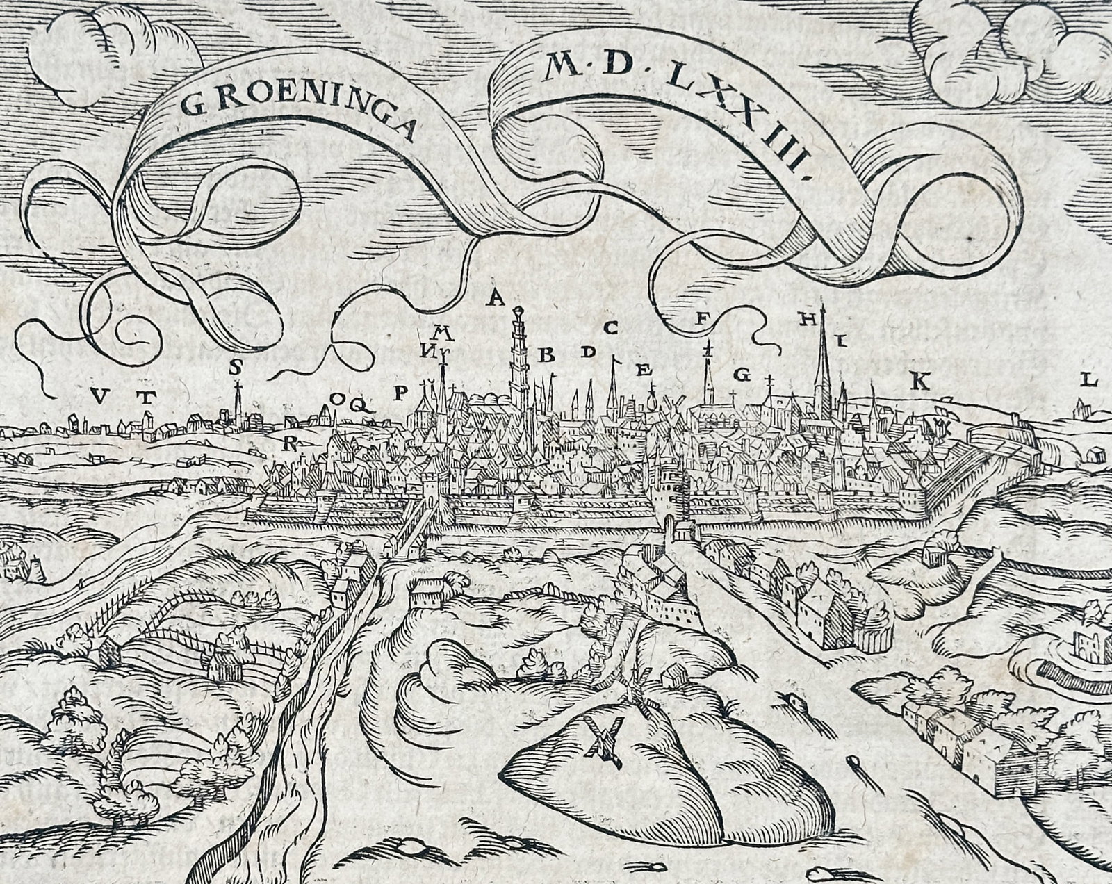 Sebastian Münster – View of the City of Groningen – Woodcut (1575): "Von dem Teutschen Landt; Groeninga" This woodcut presents a panoramic view of the city of Groningen, featuring its fortifications, churches, and urban layout as they appeared in the sixteenth century