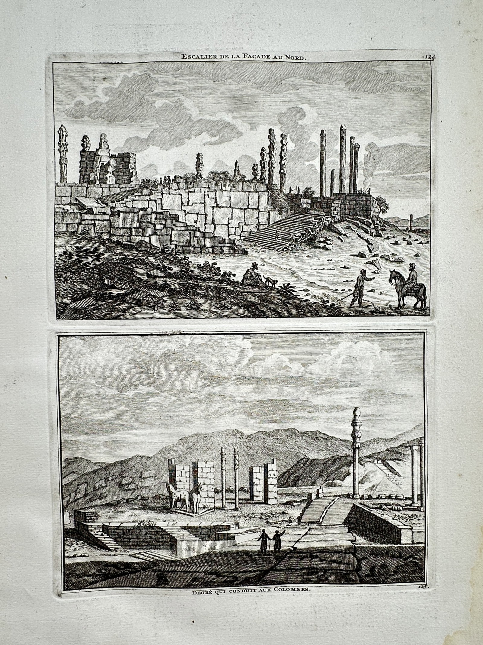 Cornelis de Bruijn (1652-1727) – Views of the Ruins of Persepolis – Engraving (1711): "Escalier de la Facade au Nord" and "Degre qui conduit aux Colonnes" presents two detailed topographical views of the ancient archaeological site of Persepolis in modern-day Iran, focusing on the monu