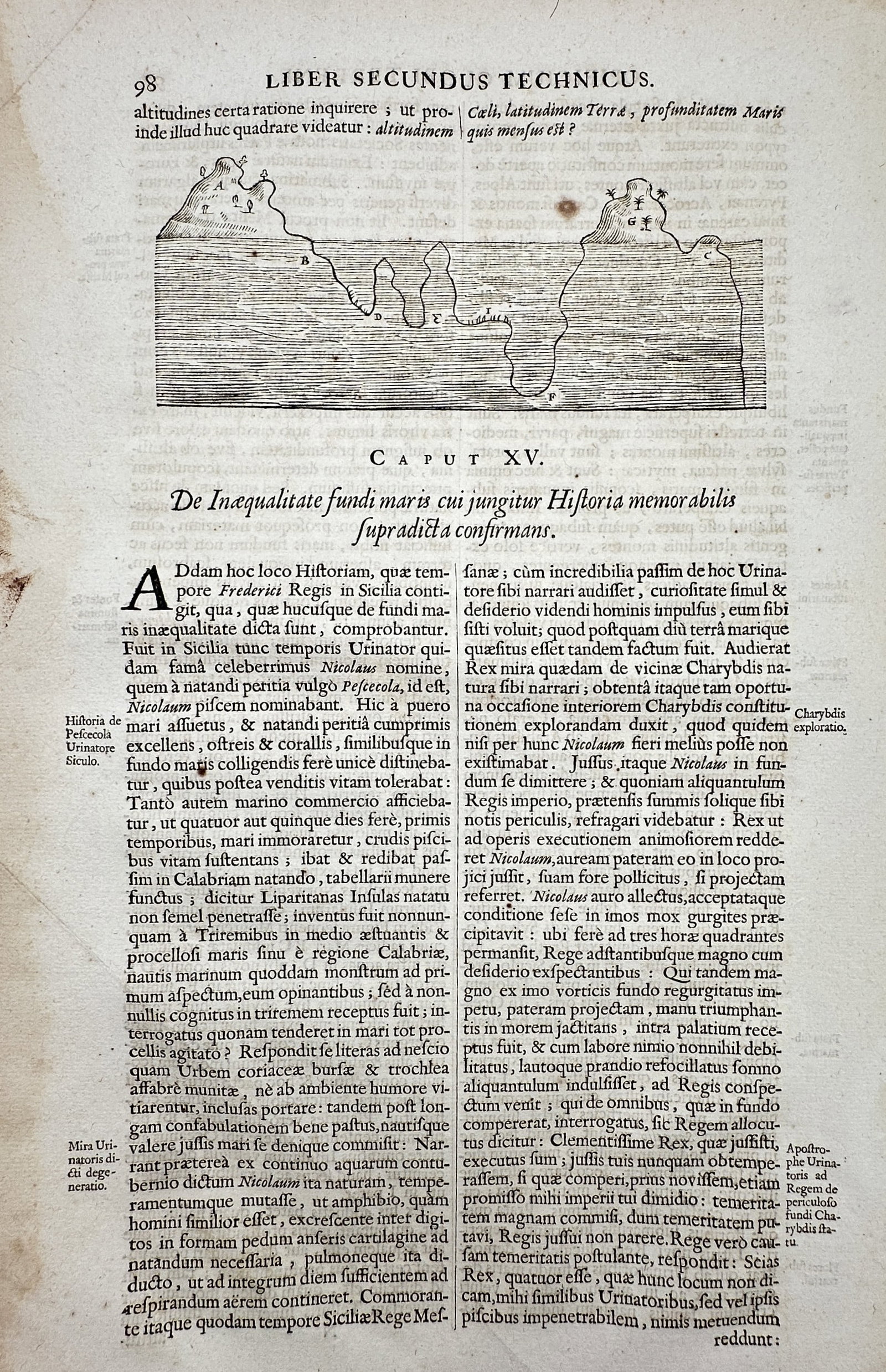 Athanasius Kircher (1602-1680) – Diagram of the Inequality of the Sea Floor – Etching (1664): "De Inæqualitate fundi maris" features a scientific diagram illustrating the varying depths and topographic irregularities of the seabed between two landmasses. This page is taken from the influentia