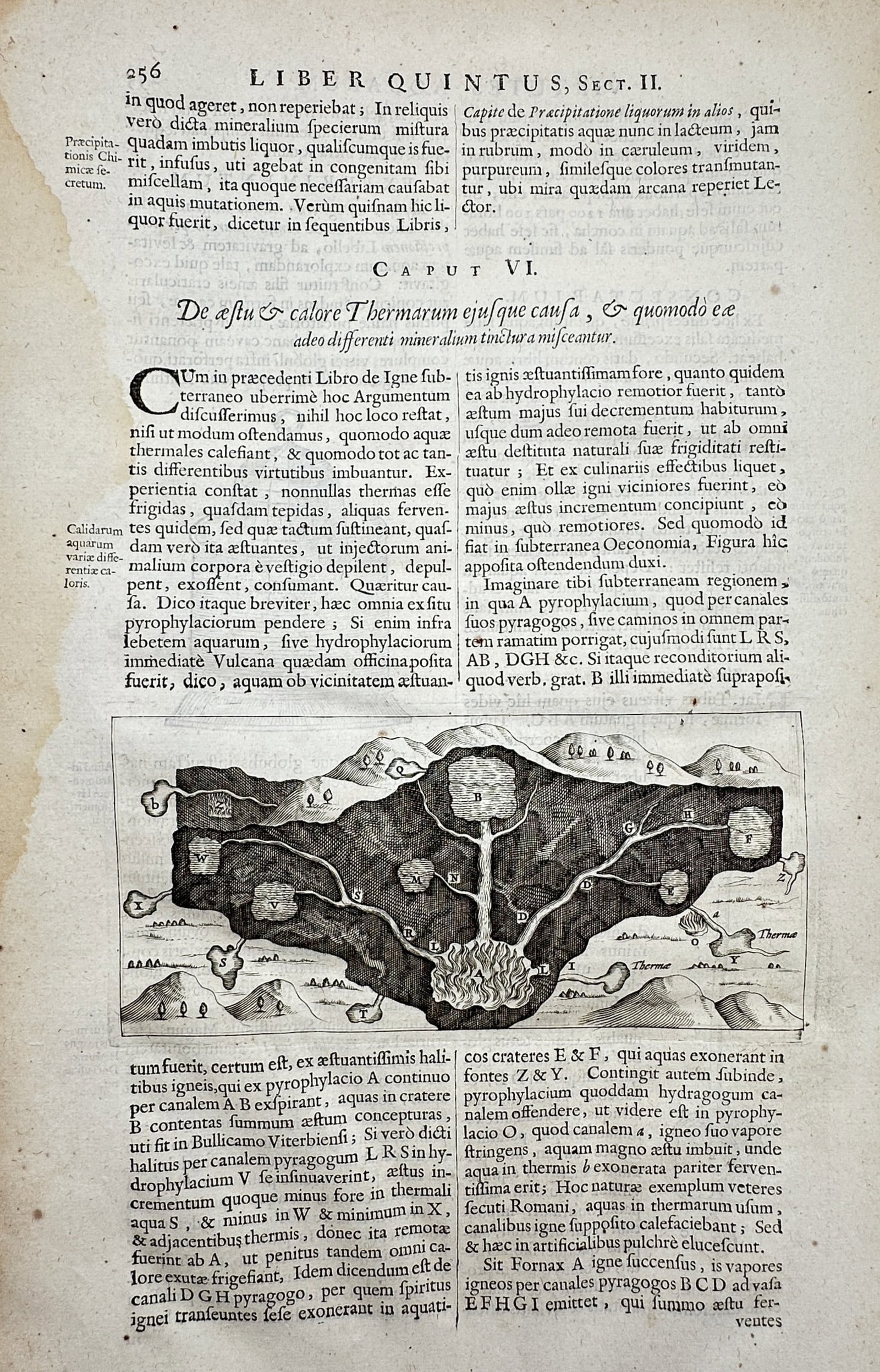Athanasius Kircher (1602-1680) – Diagram of the Origin of Thermal Springs – Etching (1664) (1 of 2)