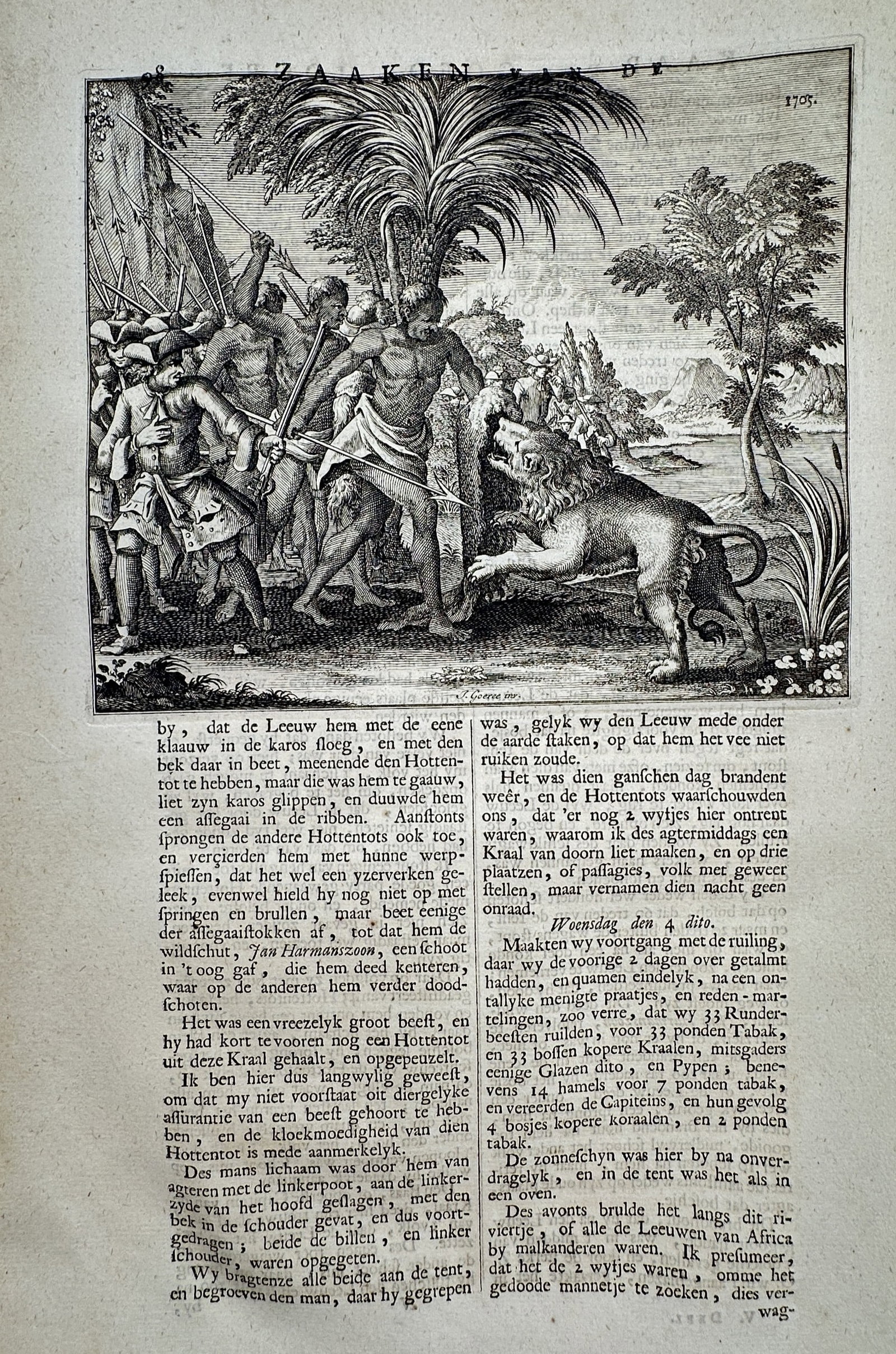 François Valentijn (1666-1727) – Scene of a Lion Attack in South Africa – Engraving (1724) (1 of 2)