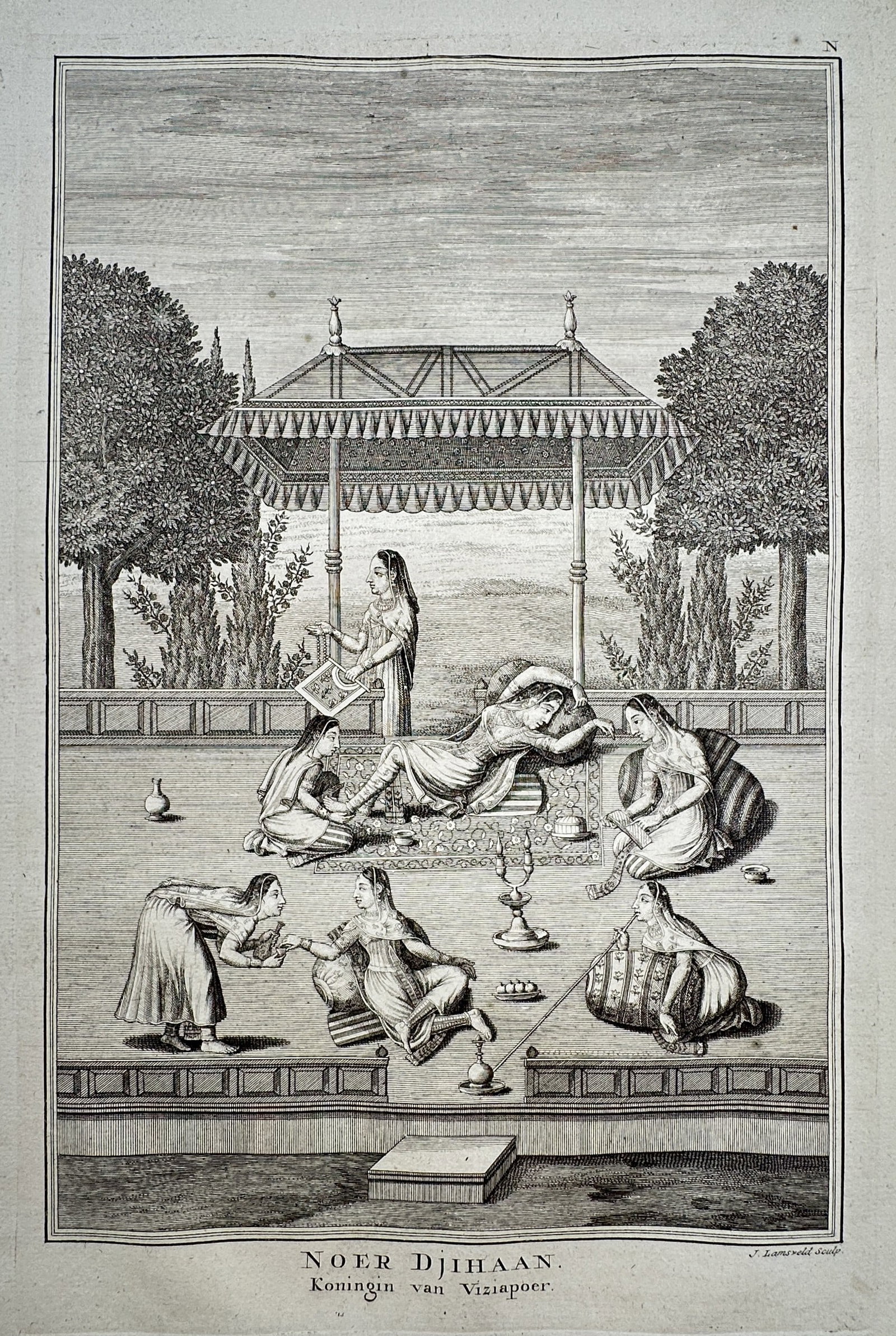 François Valentijn (1666-1727) – Nur Jahan, Queen of Bijapur – Engraving (1724): "Noer Djihaan, Koningin van Vizjapoer" depicts a courtly scene on a terrace where the queen reclines under a canopy, surrounded by female attendants performing various tasks, including one playing a m