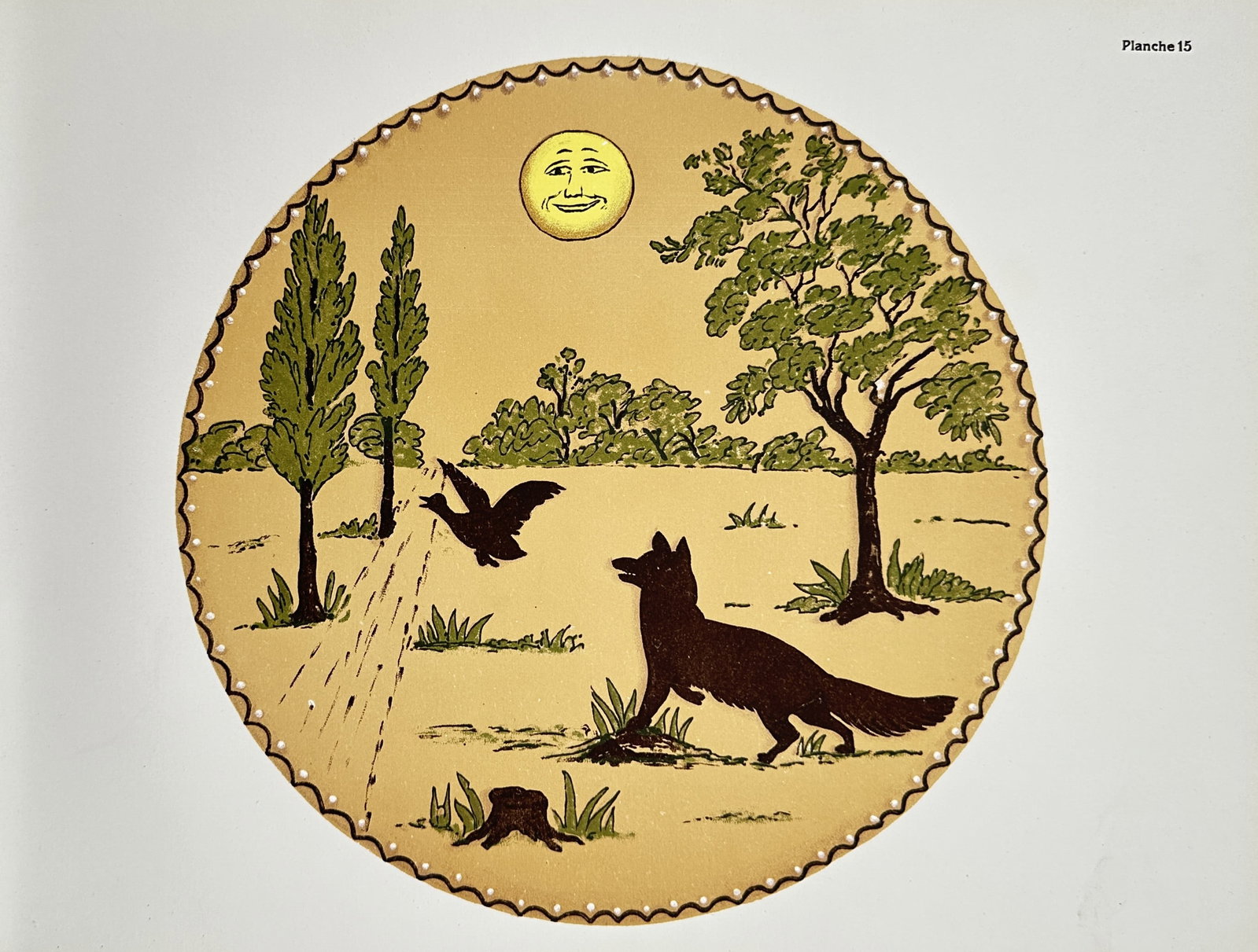 Therese de Dillmont – The Fox and the Crow Fable Design – Lithograph (20th Century): Album de Broderies au Point de Croix illustrates a circular composition on an ochre ground featuring a scene from Aesop's fables, depicting a fox looking up at a bird in flight beneath a smiling full 