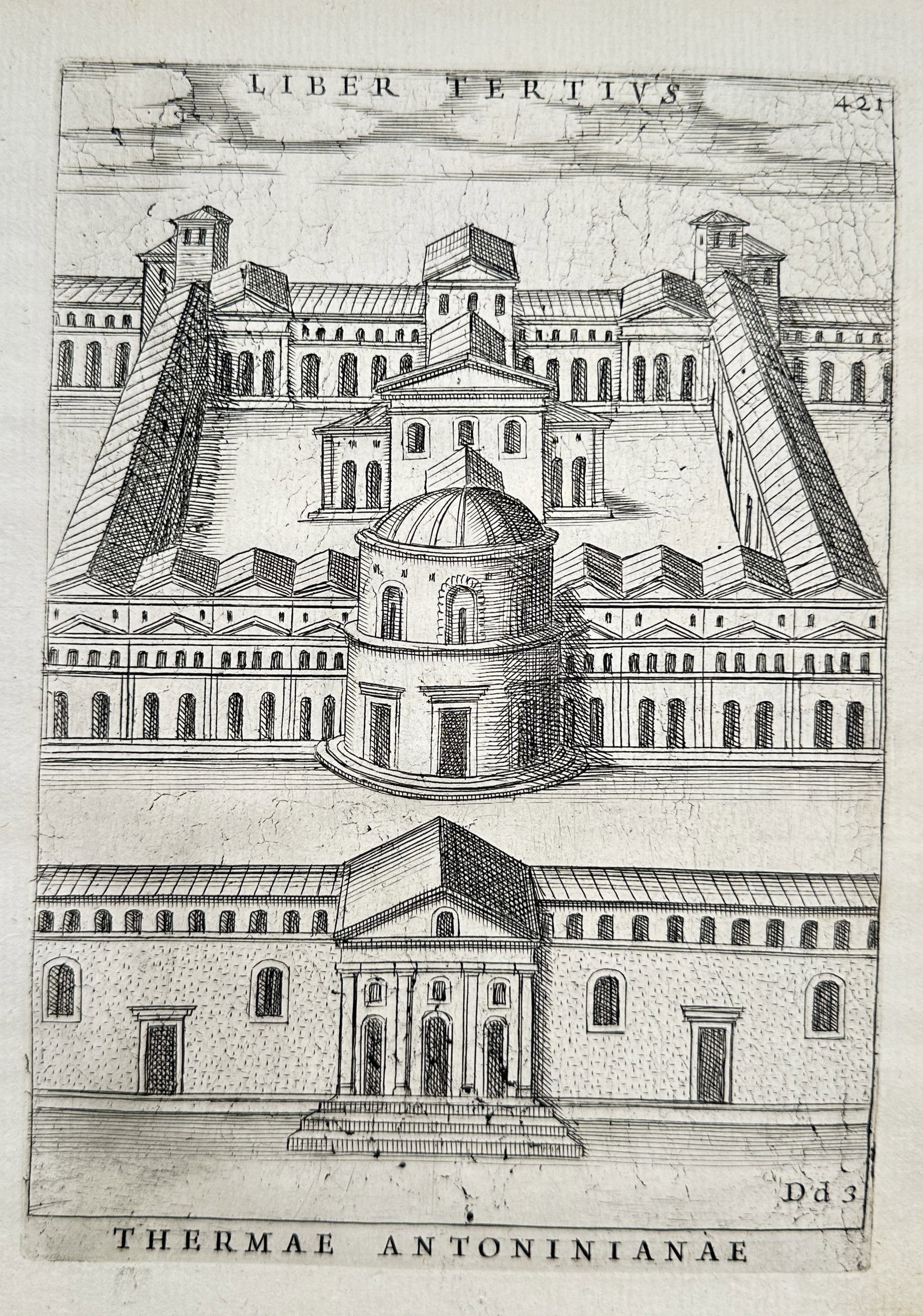 Giacomo Lauro (1550-1605) – View of the Baths of Caracalla (Thermae Antoninianae) – Engraving: Thermae Antoninianae illustrates a reconstructed architectural view of the massive public bathing complex in Rome, featuring a central rotunda with a dome and expansive arcaded courtyards. The engravi