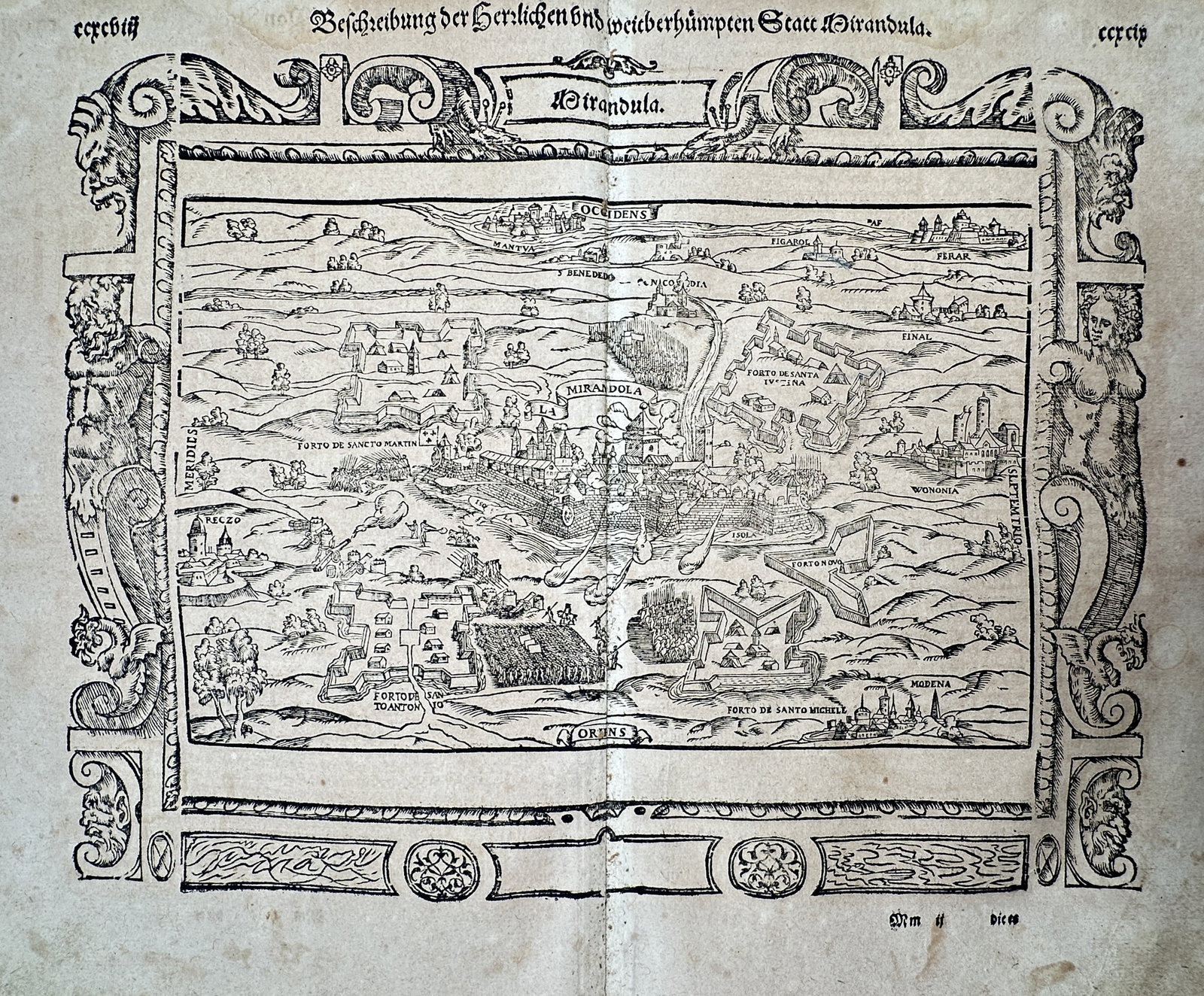 Sebastian Münster (1488–1552) – Map of Mirandola – Italy – Woodcut (1550): "Beschreibung der Herzlichen und weitberhümpten Statt Mirandula" illustrates a bird's-eye view of the fortified city of Mirandola in the Emilia-Romagna region of Italy. The woodcut captures the city'
