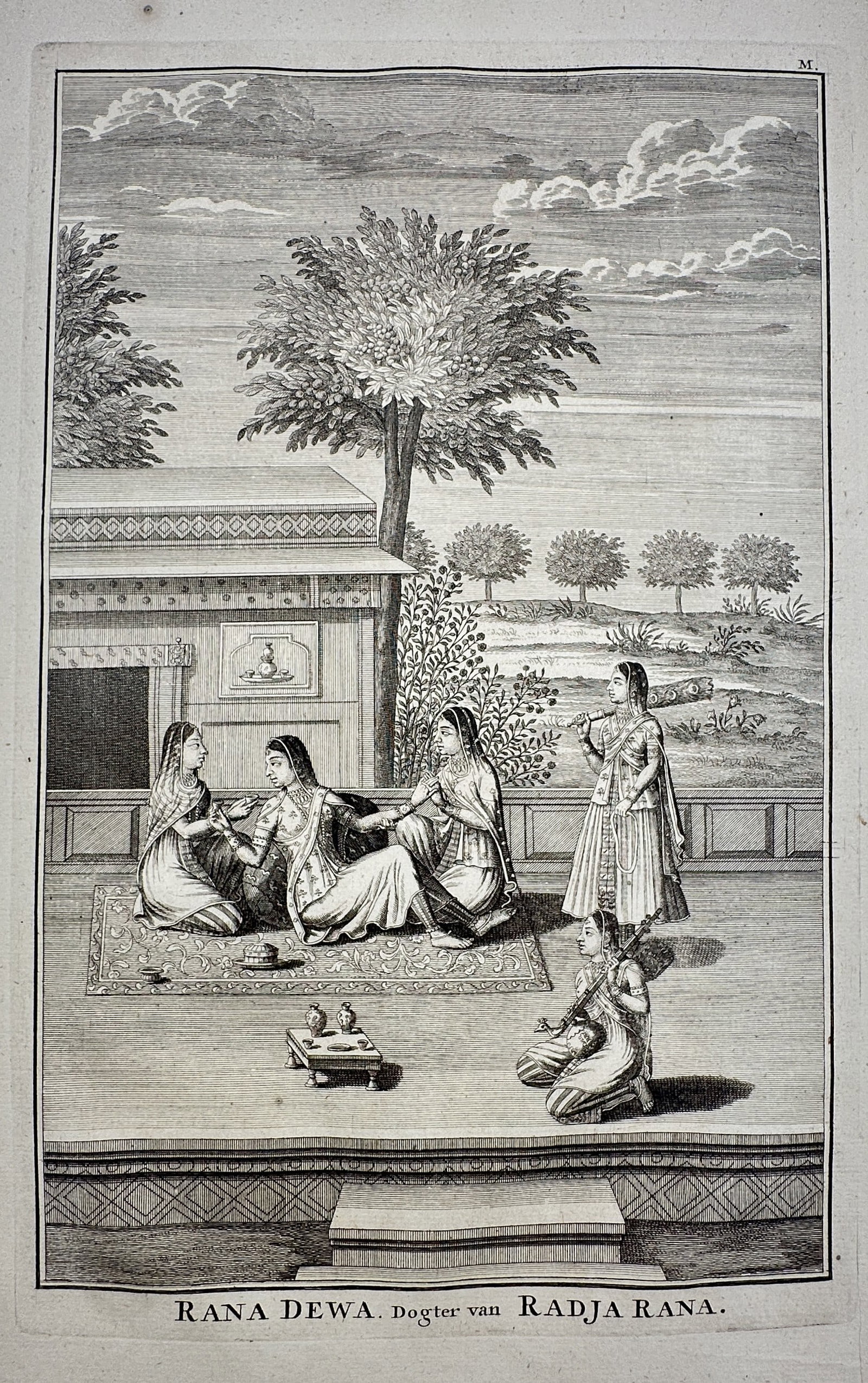 François Valentijn (1666–1727) – Portrait of Rana Dewa and Attendants – Engraving (1724): "Rana Dewa. Dogter van Radja Rana" illustrates a group of noblewomen seated on a decorative carpet upon a terrace, accompanied by a musician and a standing attendant holding a fan. This copper engravi