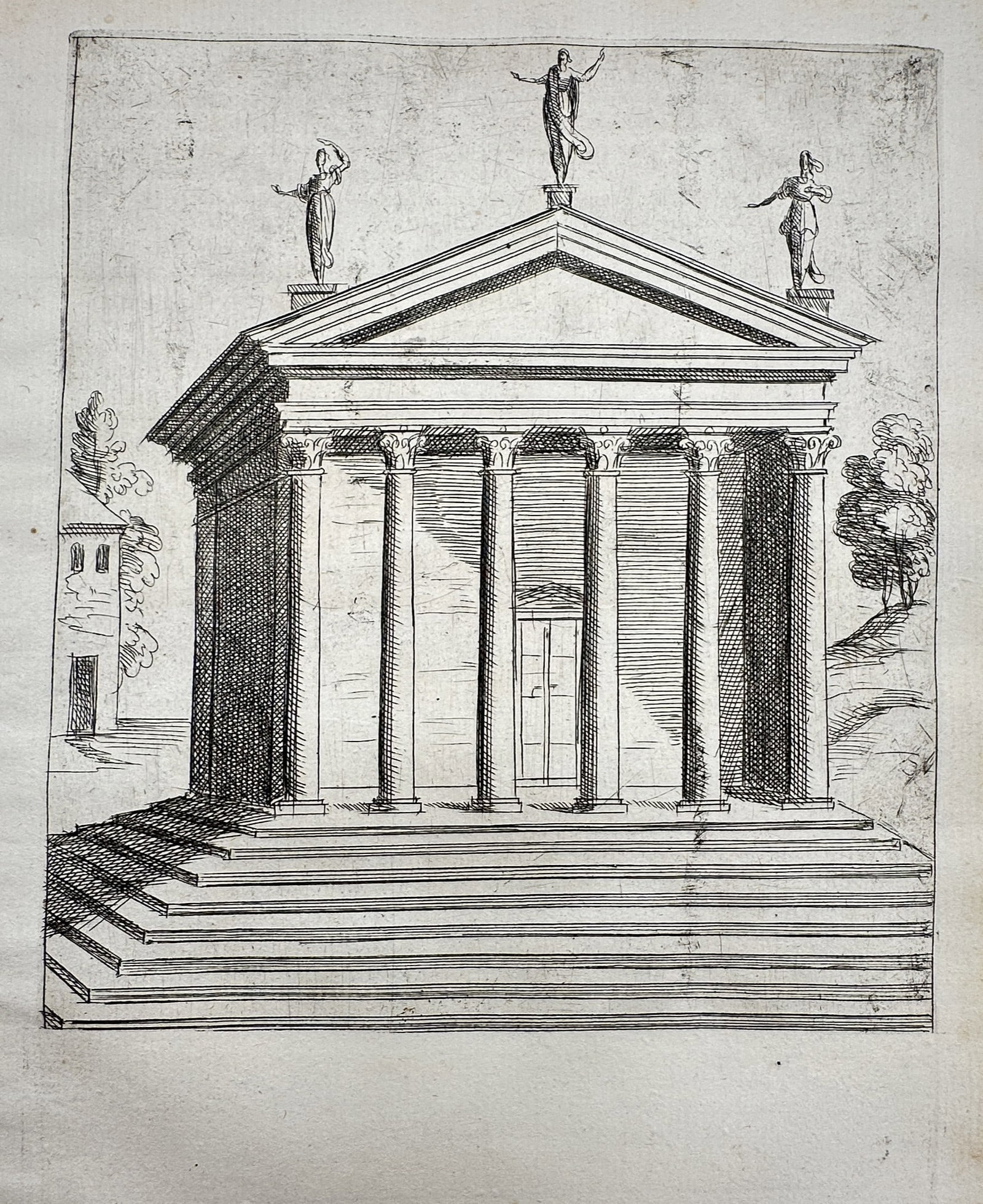 Giacomo Lauro (1550–1605) – Study of a Classical Temple with Statuary – Engraving (1612) (1 of 2)