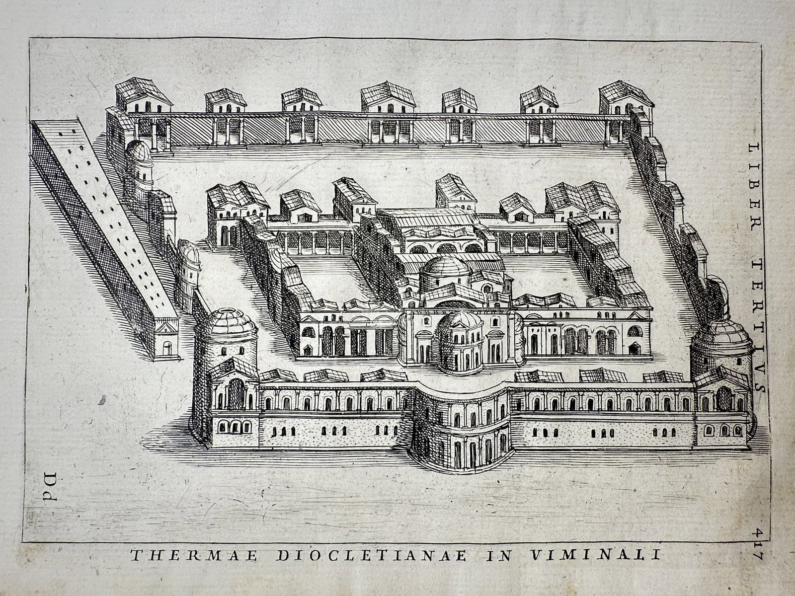Giacomo Lauro (1550–1605) – View of the Baths of Diocletian in Rome – Engraving (1612): "Thermae Diocletianae in Viminali" presents an aerial architectural reconstruction of the vast imperial bathing complex located on the Viminal Hill, showcasing its symmetrical layout, grand vaulted ha