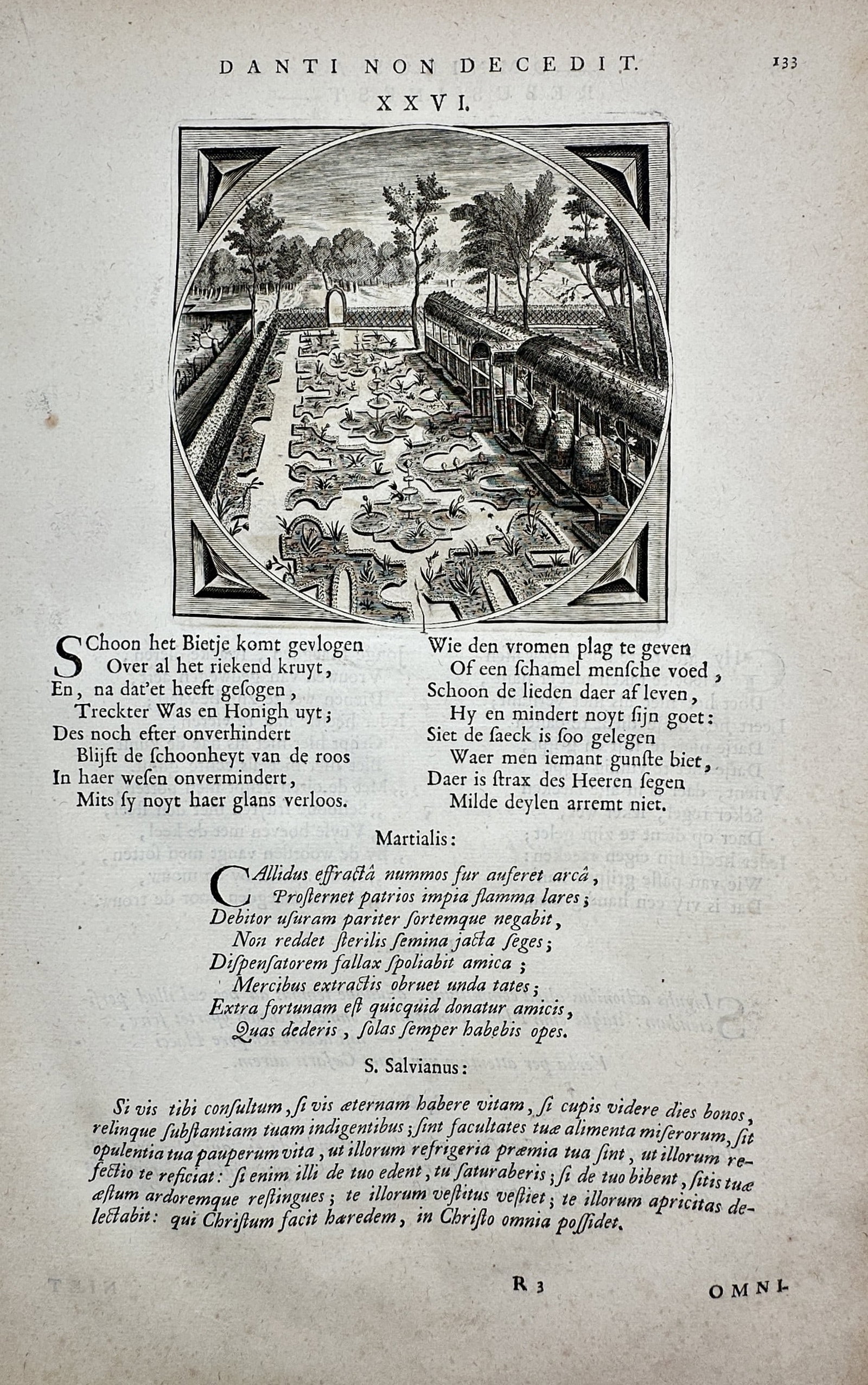 Jacob Cats – Emblematic Study of the Formal Garden and Beehive – Engraving (c. 1655): "Danti Non Decedit" illustrates a moralizing emblem within a circular frame, featuring a bird's-eye view of an elaborate formal parterre garden. Along the right side of the enclosure, a row of traditi