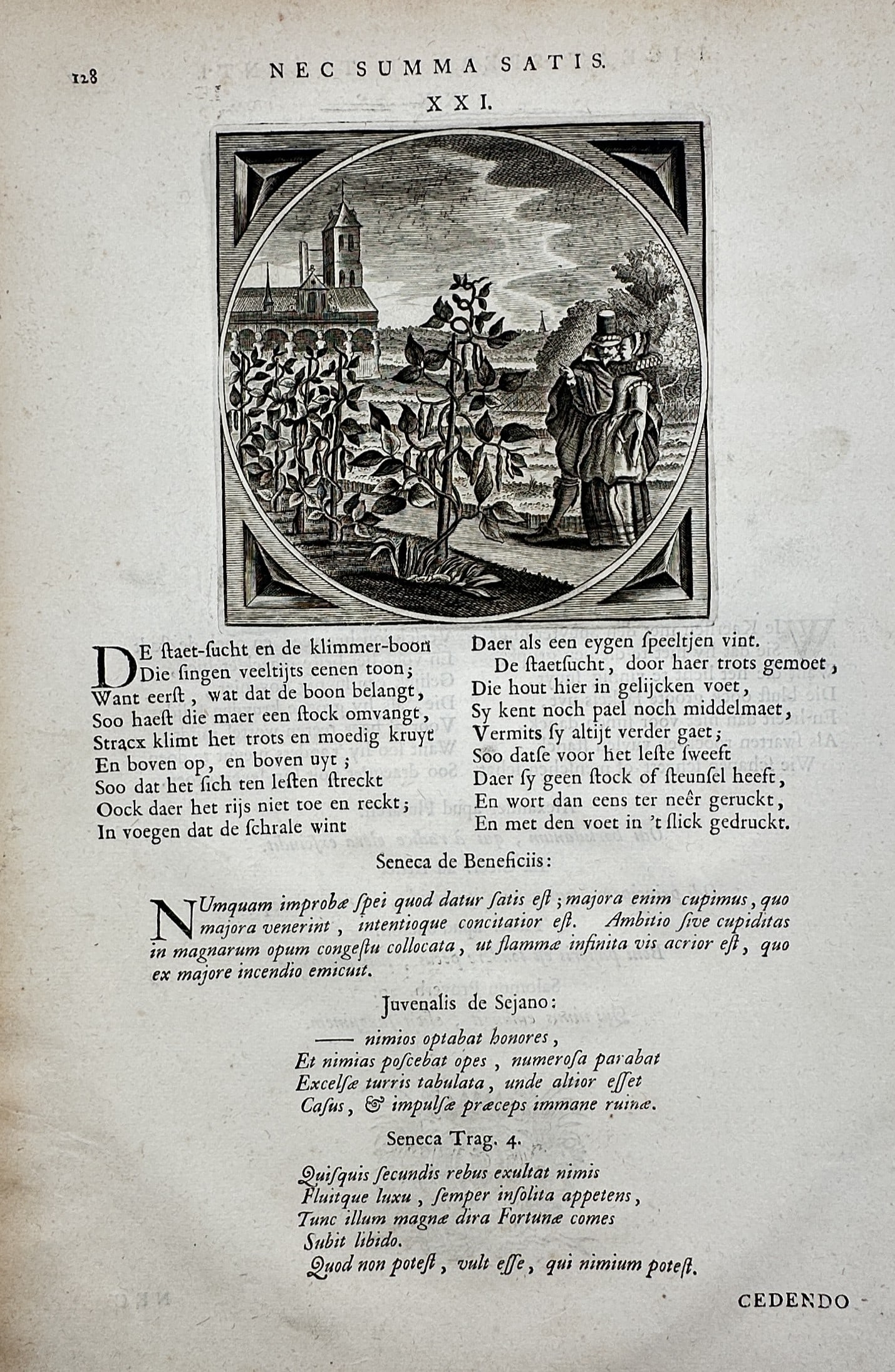 Jacob Cats – Emblematic Study of the Climbing Bean and Worldly Ambition – Engraving (c. 1655): "Nec Summa Satis" illustrates a moralizing emblem within a circular frame, featuring a climbing bean plant winding upward around a central pole in a garden. To the right, a couple in elegant seventeen