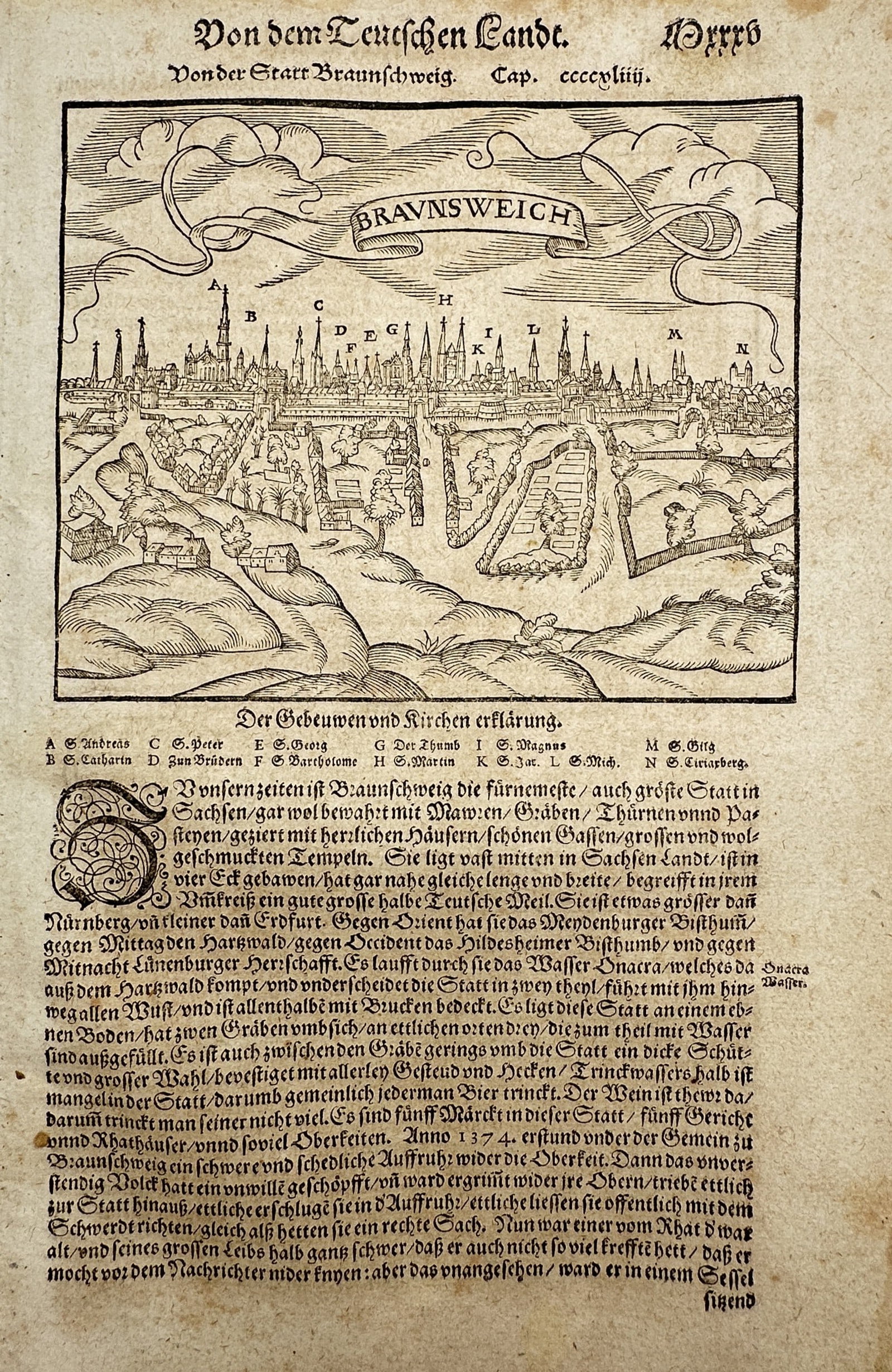 Sebastian Münster (1488–1552) – View of Brunswick (Braunschweig) – Woodcut (c. 1570): "Von der Statt Braunschweig" illustrates a topographical view of the German city of Brunswick, featuring its defensive walls, moat, and a skyline dominated by numerous church spires and civic building