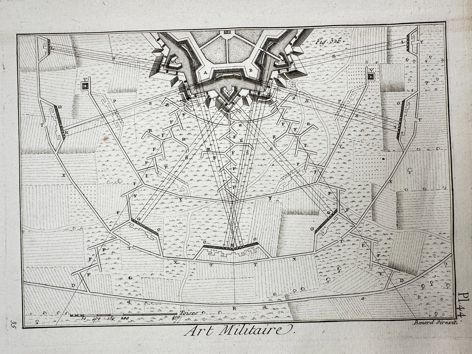 Robert Bénard (1734–1777) – Plan of Military Siege Works – Engraving (c. 1772): The technical study illustrates the geometric complexities of an eighteenth-century military siege, showing the systematic approach of zigzagging trenches and parallel lines used by an attacking force