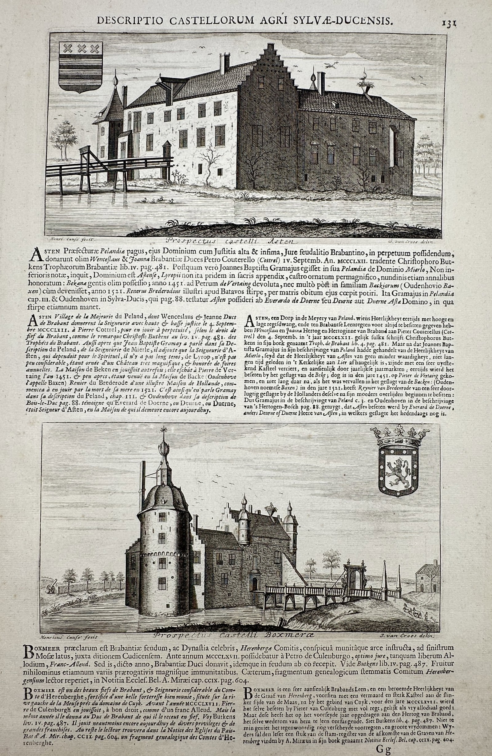Jacques Le Roy – View of the Castles of Asten and Boxmeer – Engraving: "Prospectus Castelli Asten" and "Prospectus Castelli Boxmeer" This topographical engraving features two distinct views of historic fortifications in the region of 's-Hertogenbosch, with the upper illu