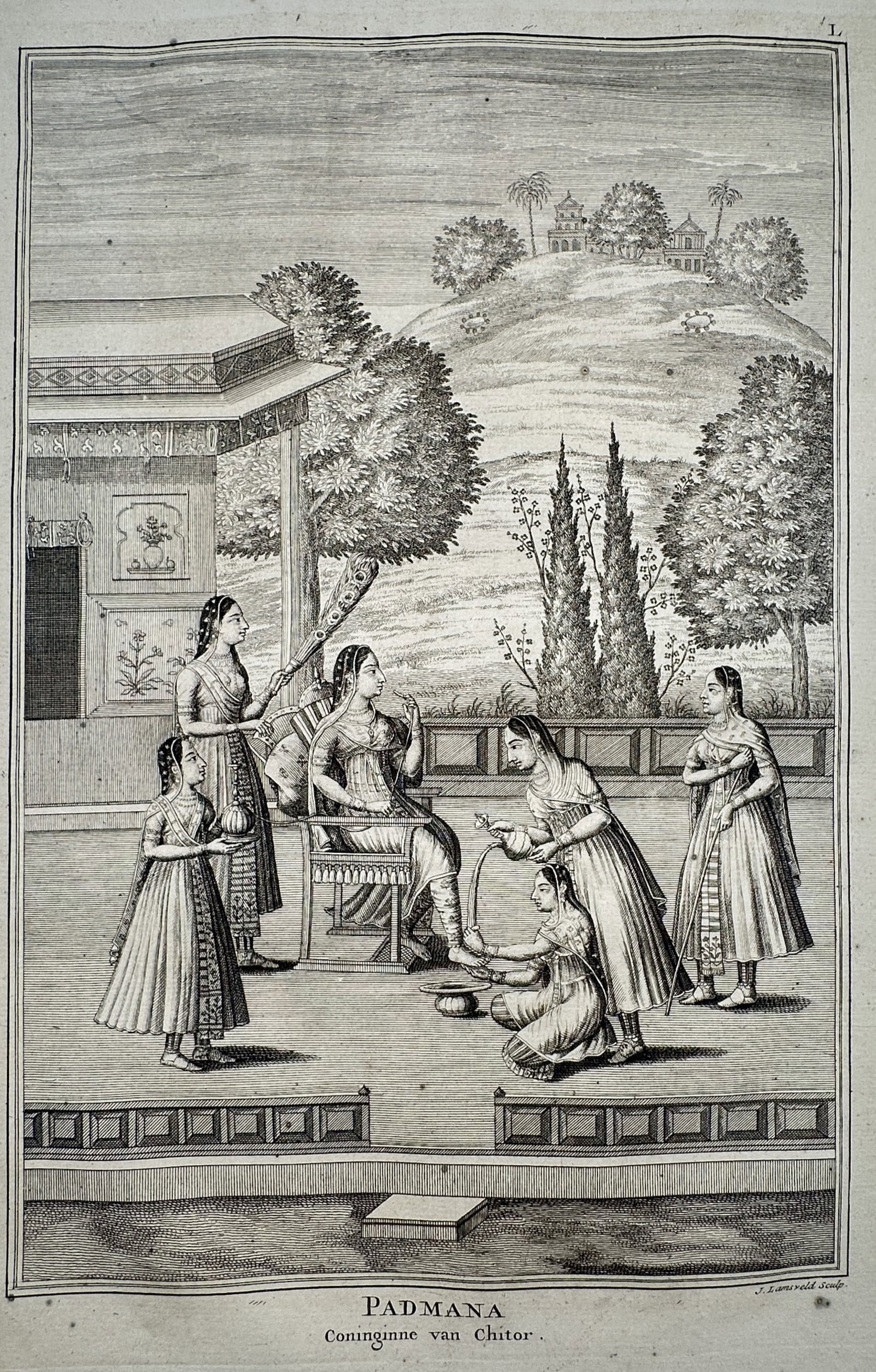 François Valentijn (1666-1727) – View of Padmana, Queen of Chitor – Engraving (1724): "Padmana. Coninginne van Chitor." This copperplate engraving depicts Queen Padmini (Padmana) of Chitor seated on a terrace, attended by several handmaidens within a palace garden featuring a distant h