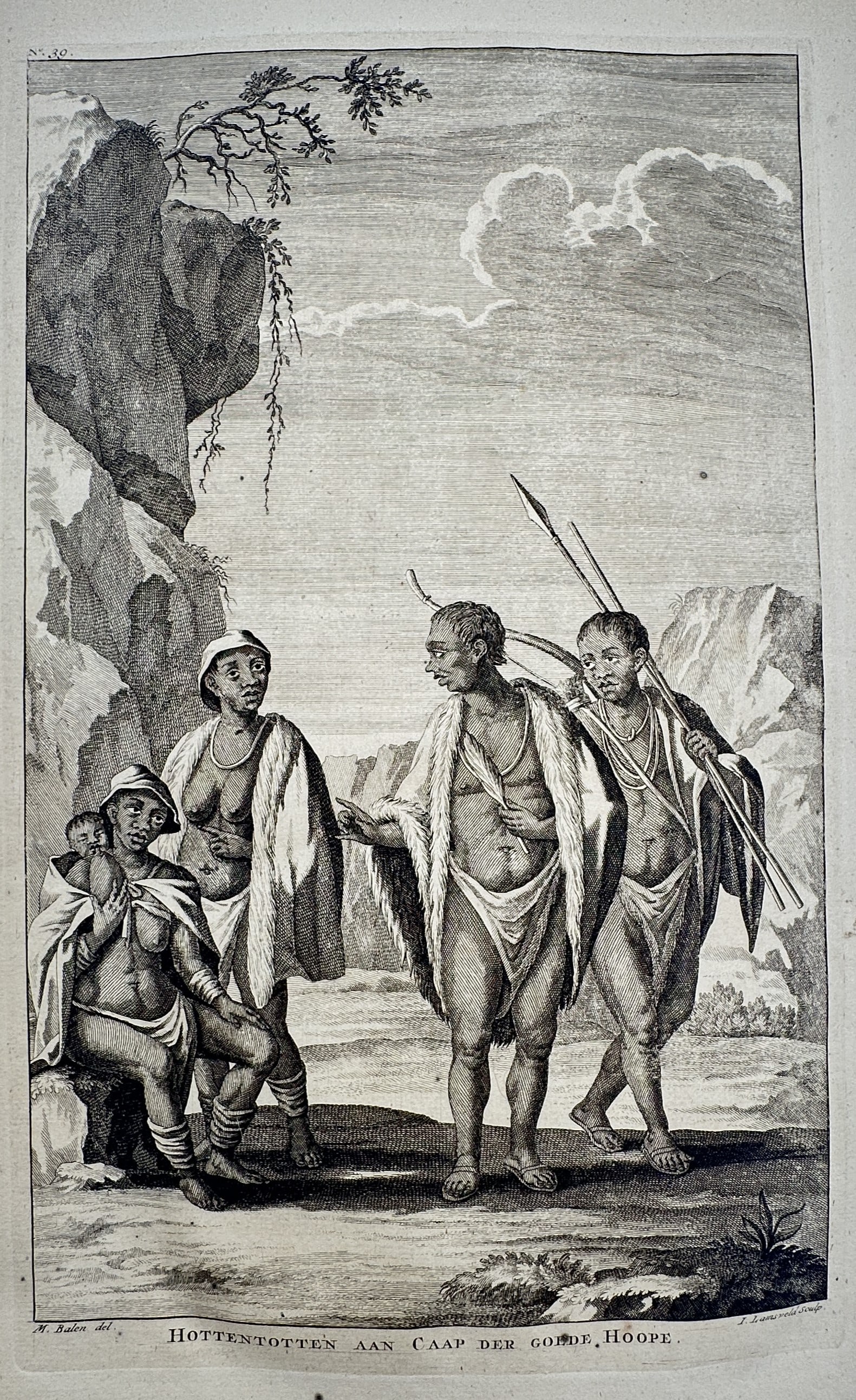 François Valentijn (1666-1727) – View of Hottentots at the Cape of Good Hope – Engraving (1724): "Hottentotten aan Caap der Goede Hoope" This ethnographic engraving depicts a group of Khoikhoi people, historically referred to as Hottentots, in a landscape setting at the Cape of Good Hope. The sce