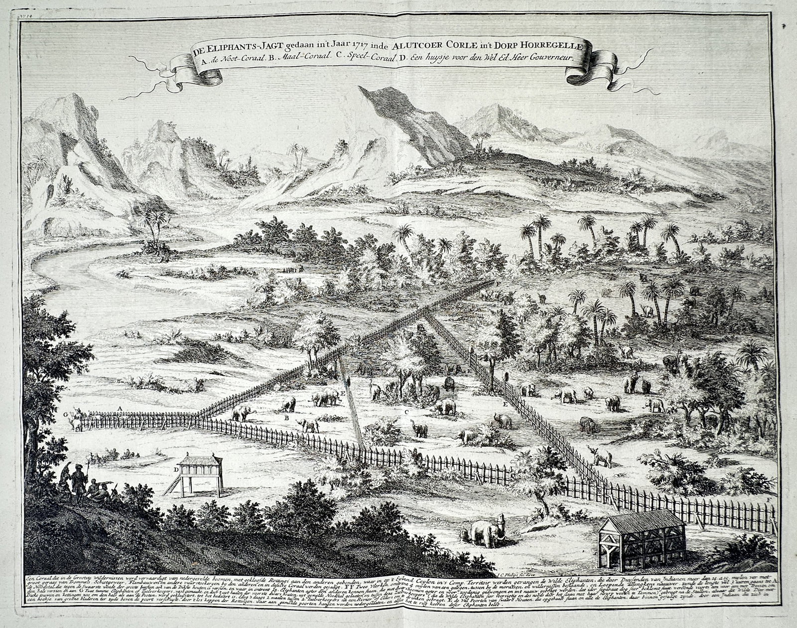 François Valentijn (1666-1727) – The Elephant Hunt of 1717 – Sri Lanka – Engraving (1724): "De Eliphants-Jagt gedaan in 't Jaar 1717" This panoramic copperplate engraving depicts a large-scale elephant kraal or hunt conducted on the island of Ceylon (modern-day Sri Lanka). The illustration 